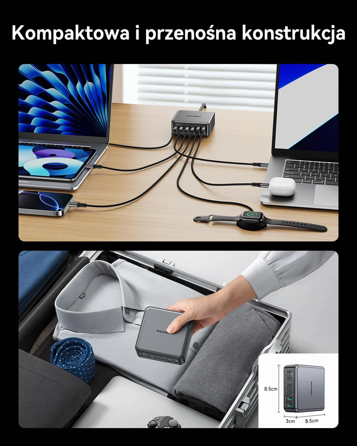 Rocoren Ładowarka USB C 270 W GaN 6-portowa PD 100 W QC4.0 PPS do MacBook Pro Air iPhone 16 15 14Pro Galaxy S25 S24