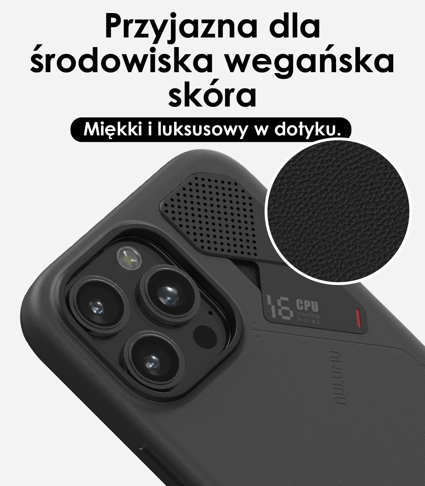Aulumu A16 wegańskie skórzane etui chłodzące do iPhone'a 16 Pro Max, zaktualizowane sterowanie kamerą, z żeberkami chłodzącymi, luksusowy komfort, kompatybilne z MagSafe, kompletne owijanie, czarne