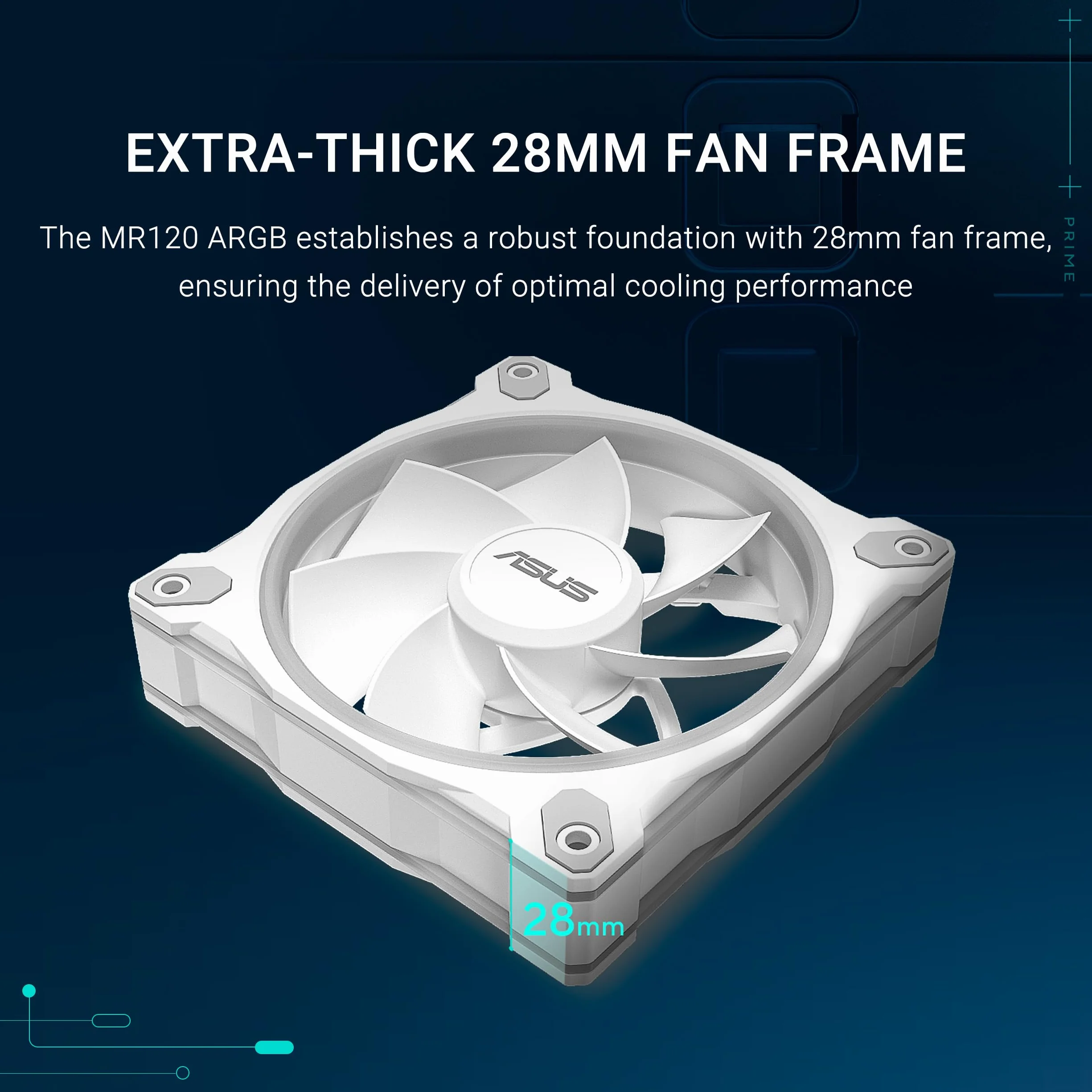 ASUS Prime MR120 ARGB Reverse Triple Pack White Edition, wentylatory PWM 120 mm, 20 LED ARGB, prędkość wentylatora 1600 obr./min, przepływ powietrza 58 CFM, grubość ramy 28 mm, Aura Sync