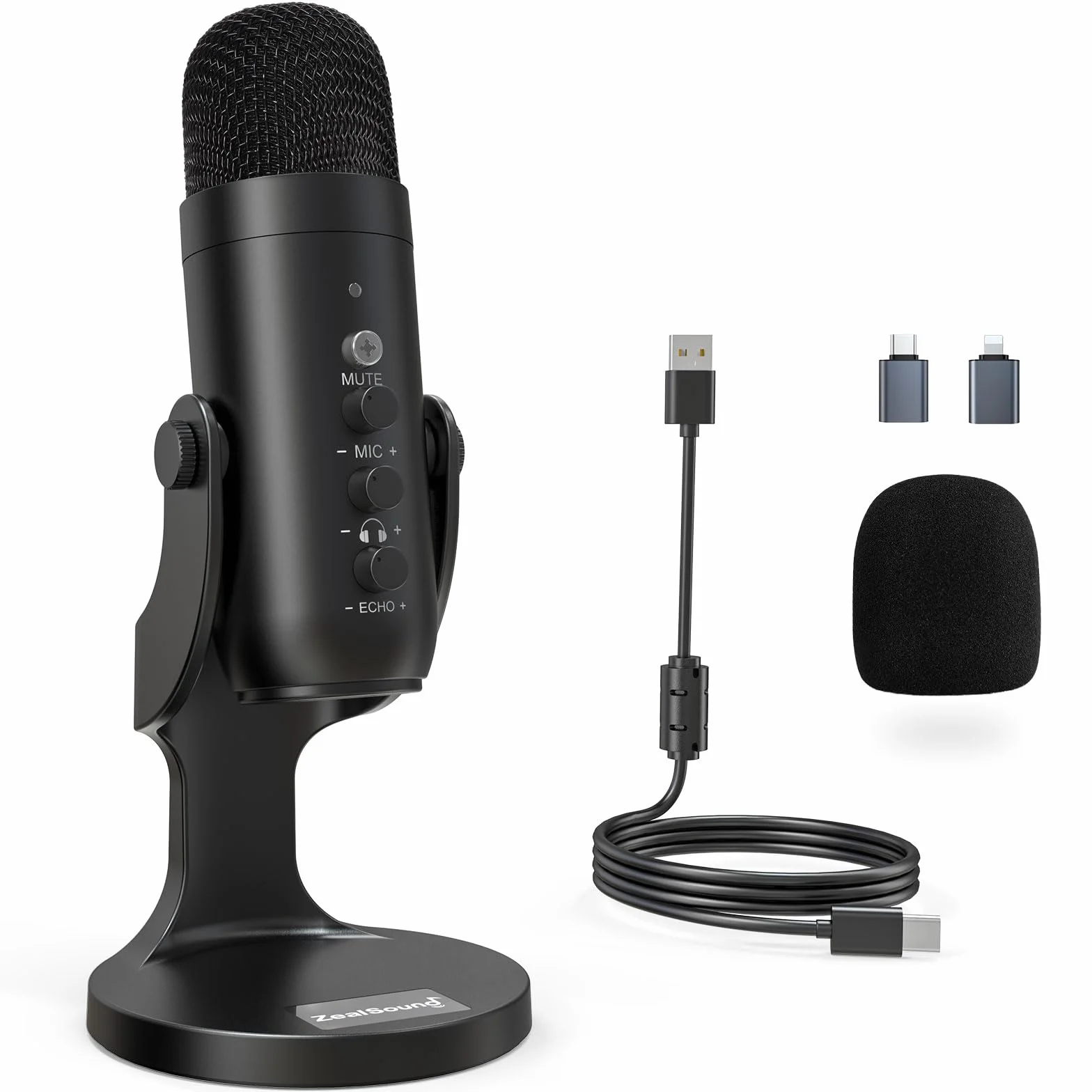 ZealSound Mikrofon USB pojemnościowy K66 do komputera PC PS5 Mac, wyciszenie i echo, regulacja głośności