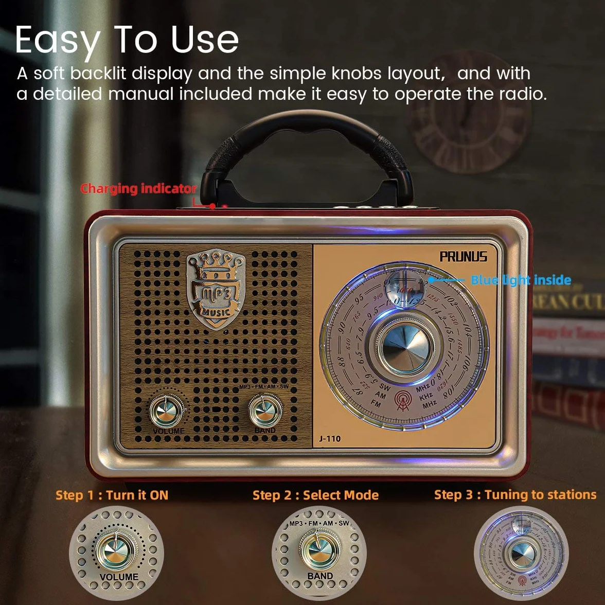 Radio PRUNUS J-110 AM/FM/SW w stylu retro z Bluetooth, nostalgiczne radio z 3 opcjami zasilania, obudowa imitująca drewno, głośnik 5 W z wzmocnionym basem, obsługa USB/TF/AUX.