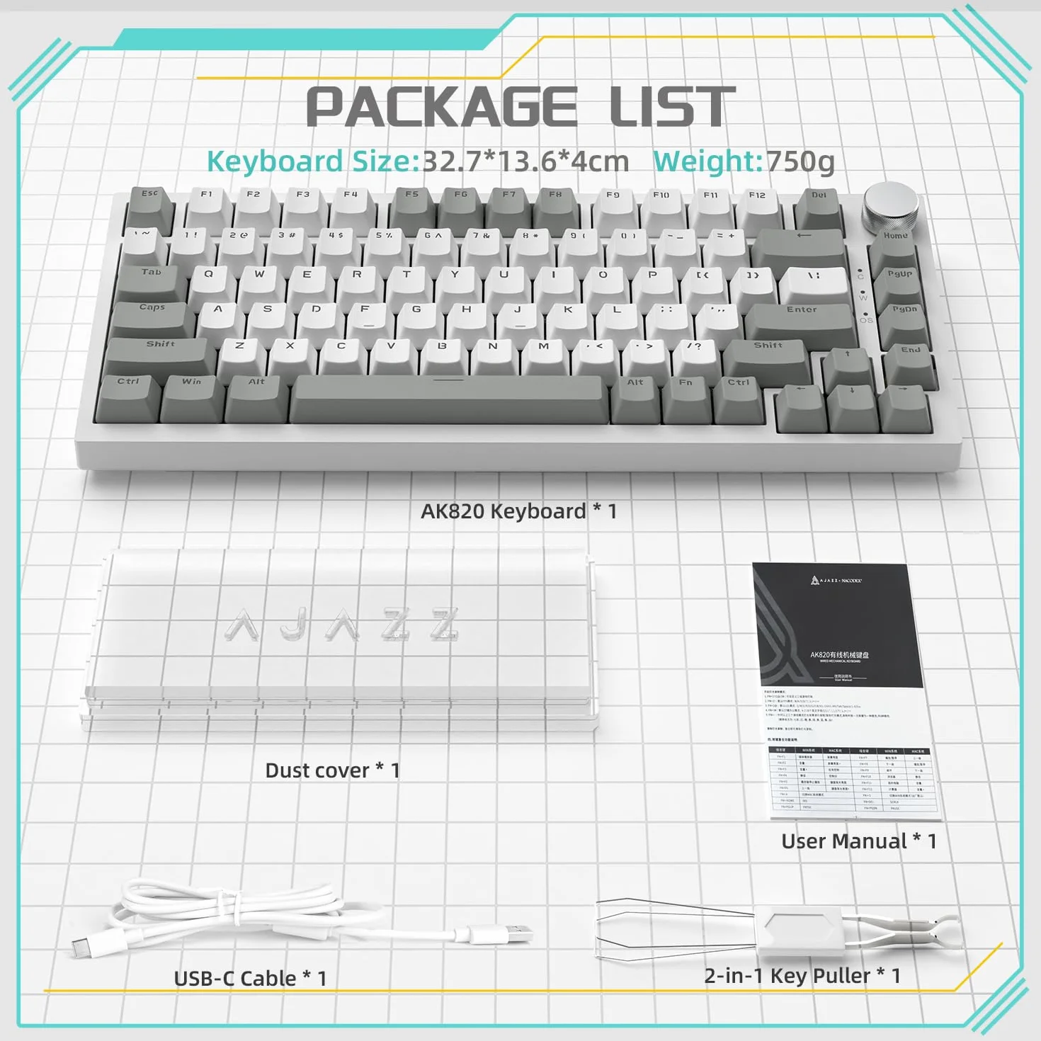Ajazz AK820 Klawiatura Mechaniczna 75% 81 Keys Przewodowa Hot-swap Przełącznik Liniowy Białe Światło Szary Biały