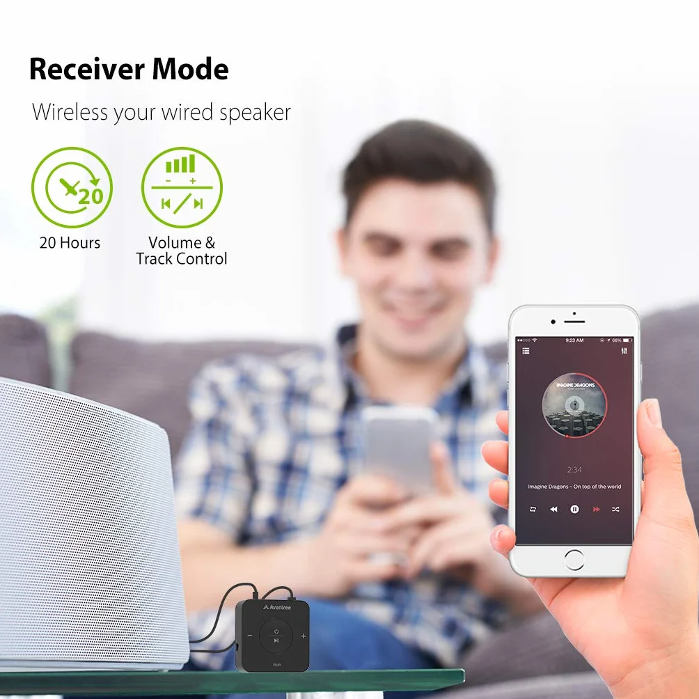 Avantree TC417 nadajnik odbiornik Bluetooth aptX niskiego opóźnienia Toslink regulacja głośności AUX RCA 20 h
