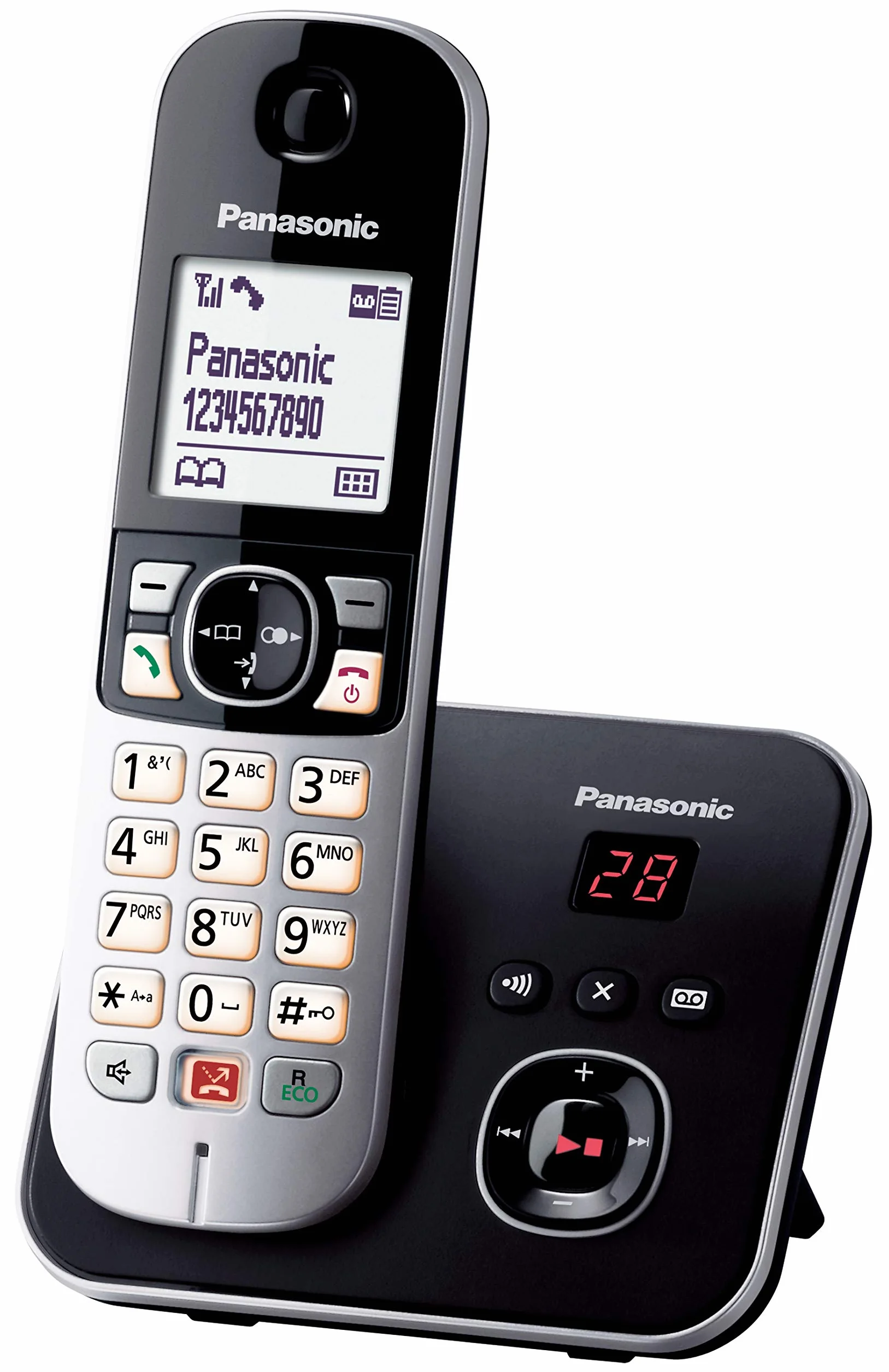 Panasonic KX-TG6861JTB Cyfrowy bezprzewodowy telefon z cyfrową sekretarką telefoniczną, podstawą i pojedynczym odbiornikiem, identyfikatorem połączeń, blokowaniem połączeń, automatycznym blokowaniem