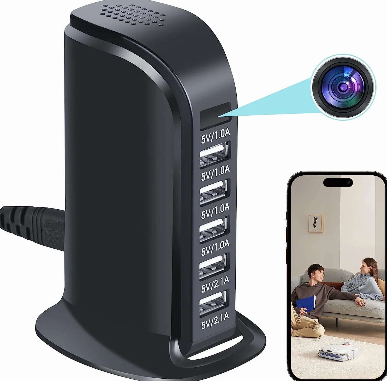Ładowarka USB WiFi HD 1080P Ukryta 5 Portowa Kamera Szpiegowska, Bezprzewodowa wtyczka, Mini DV kamera do nadzoru domowego z wykrywaniem ruchu zdalne sterowanie widzeniem UE Nanny Home