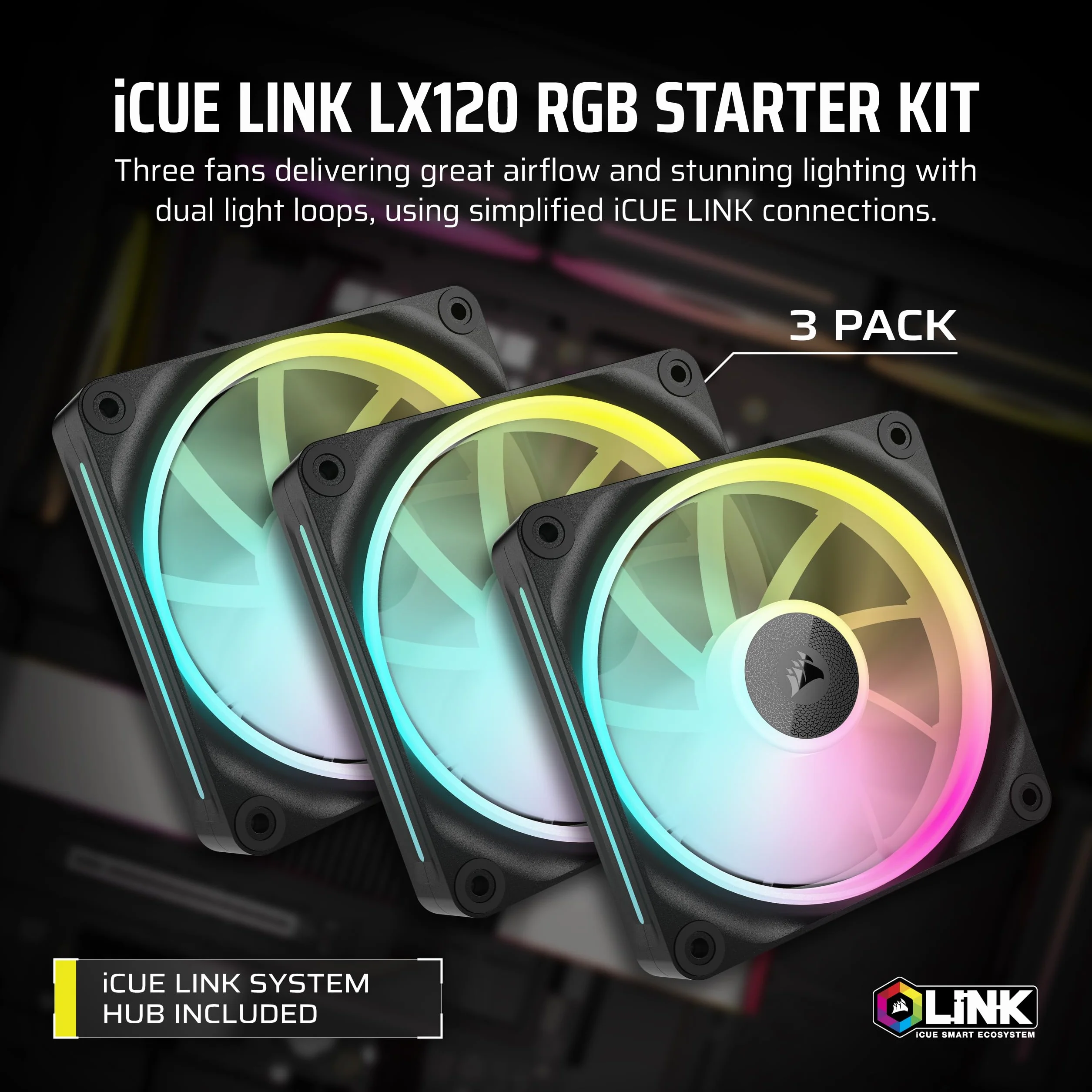 CORSAIR iCUE LINK LX120 RGB 120 mm PWM Wentylatory Pakiet Potrójny – Podwójne Pętle Świetlne – Zawiera iCUE LINK System Hub – Technologia CORSAIR AirGuide – Czarny