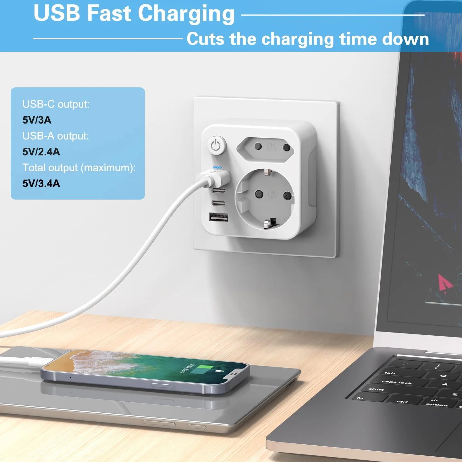 Wtyczka UK z 2 USB i 2 USB C (3,4 A, 17 W), typ G do Anglii, Irlandii, Wielkiej Brytanii, ładowarka