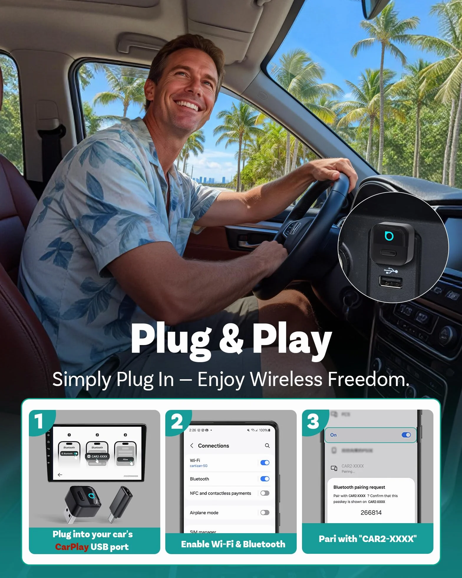 Ottocast Mini Pico Adapter bezprzewodowy 2-w-1 CarPlay Android Auto WiFi 6 Bluetooth 5.4
