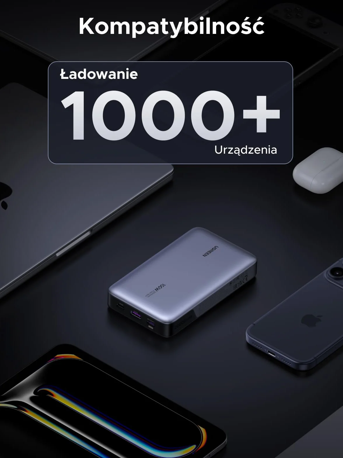 UGREEN 100W Power Bank 20000mAh zewnętrzna bateria 3 porty MacBook Pro iPhone 15 Galaxy S23 Ultra Dell