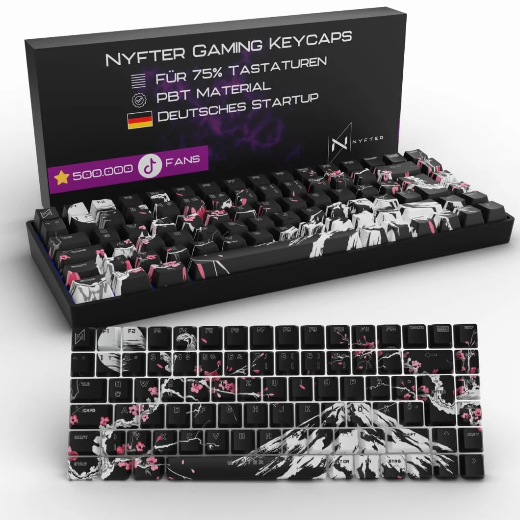 NYFTER - Premium Sakura Keycaps ISO 60% i 75% Custom Keycabs układ ISO do klawiatur mechanicznych (Sakura Black, 60%)