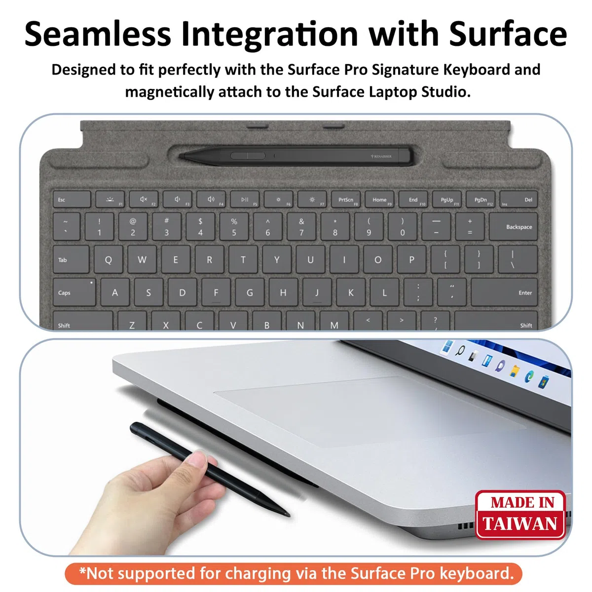 RENAISSER Raphael Slim Rysik do Microsoft Surface, kompatybilny z klawiaturą Surface Pro, wyprodukowano na Tajwanie, podwójne zastosowanie ekranu-papier, czułość na nacisk 4096, Bluetooth Shortcuts