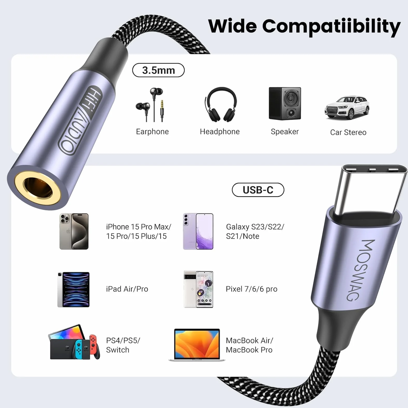 MOSWAG Adapter USB typu C na gniazdo słuchawkowe 3,5 mm, kabel USB C na Aux do iPhone'a 16 Pro Max/16 Pro/16 Plus/16/15 Pro/15, Samsung Galaxy S25, S24, S23, S22, S21, S20, Huawei, Pixel, iPad i