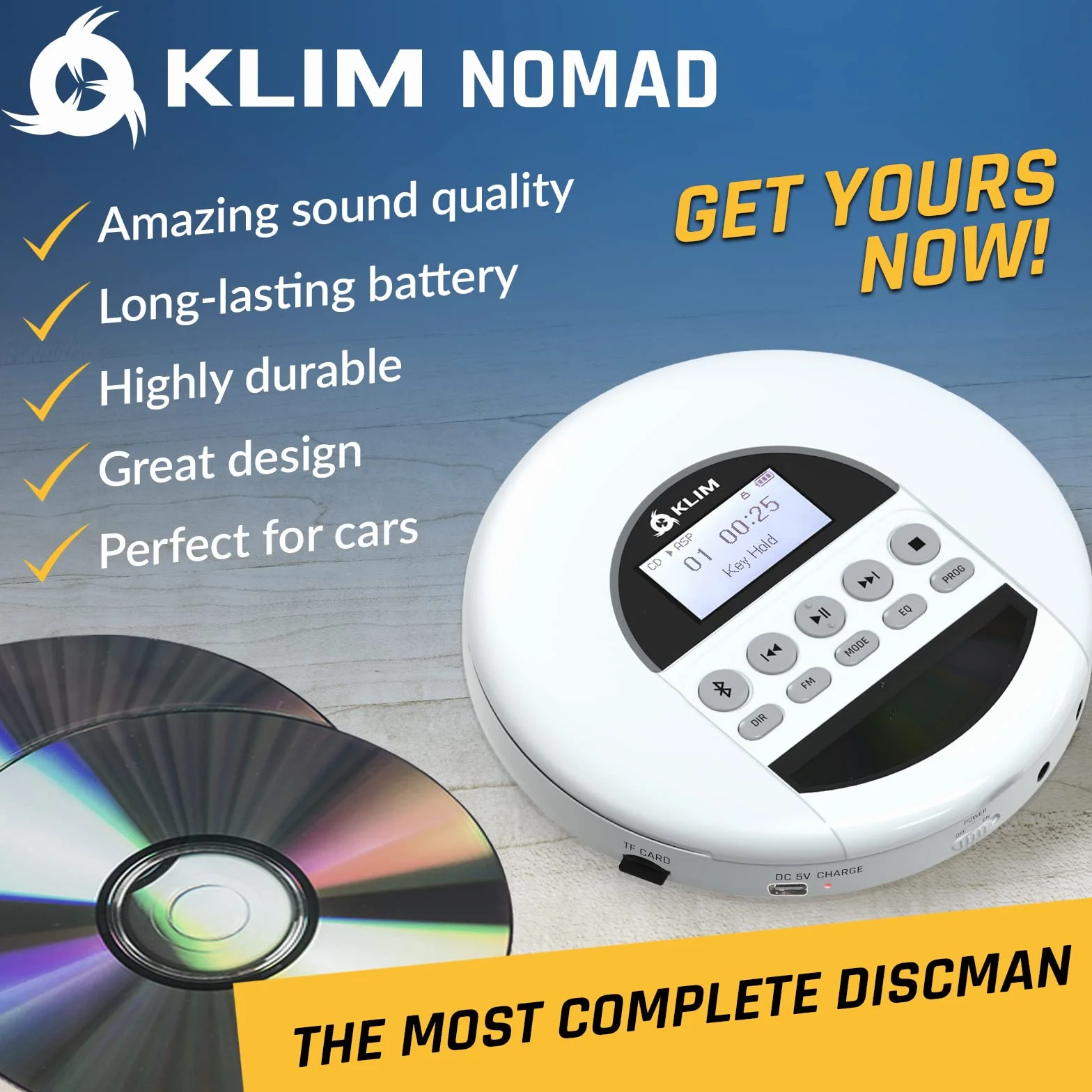 KLIM Nomad przenośny odtwarzacz CD z akumulatorem o długiej żywotności - w zestawie słuchawki - kompatybilny z CD-R, CD-RW, MP3, odtwarzaczem SD, radiem FM, Bluetooth, idealny do samochodu - Hi-Fi