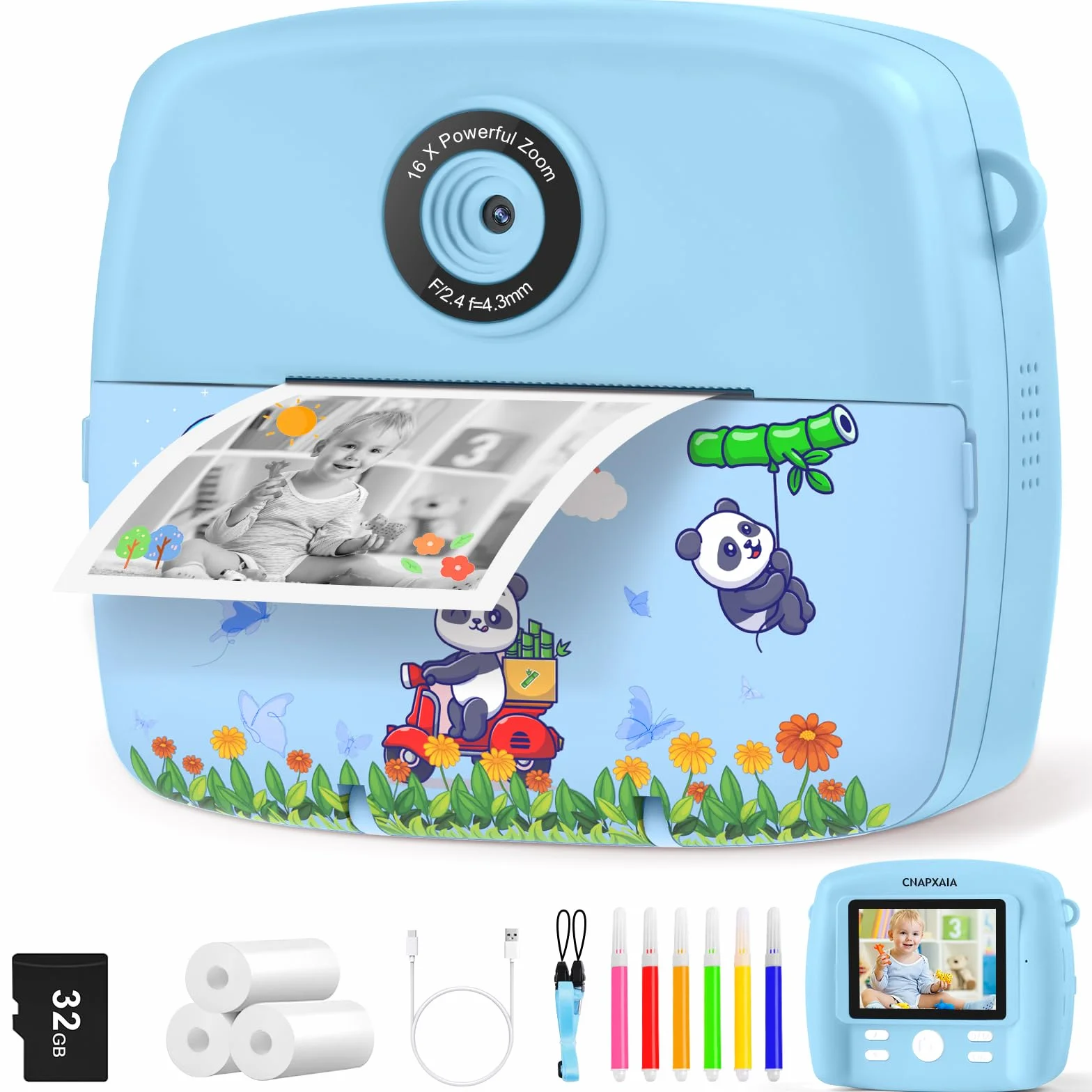 CNAPXAIA Aparat natychmiastowy dla dzieci, 2,4" kamera dziecięca z natychmiastowym drukiem z kartą 32GB i 3 rolkami papieru do druku, aparat fotograficzny prezent urodzinowy dla chłopców i dziewczynek