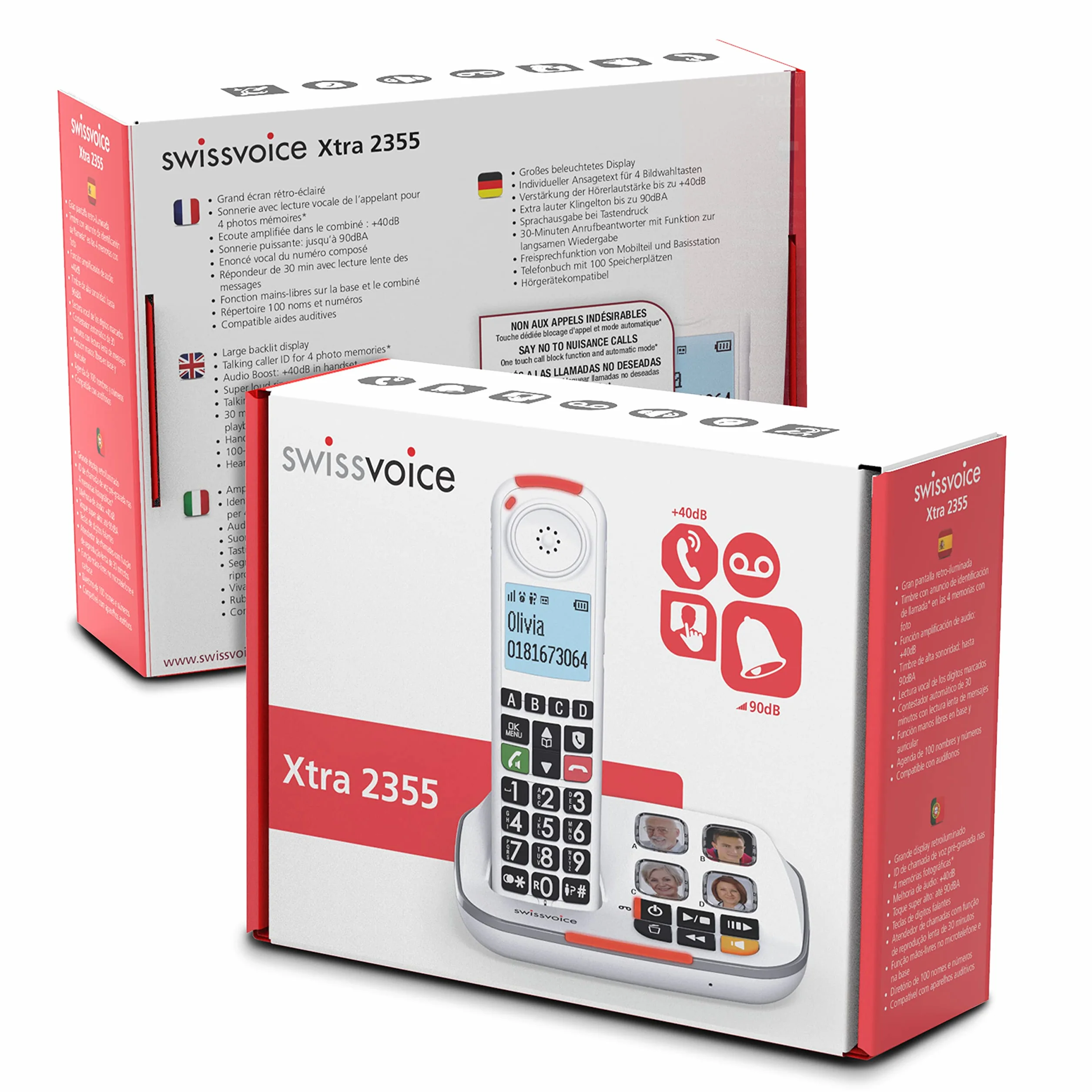 swissvoice Xtra 2355, szerokoprzyciskowy bezprzewodowy telefon DECT z automatyczną sekretarką, wzmocnienie audio, głośne dzwonki, kompatybilny z aparatami słuchowymi, funkcja blokady połączeń