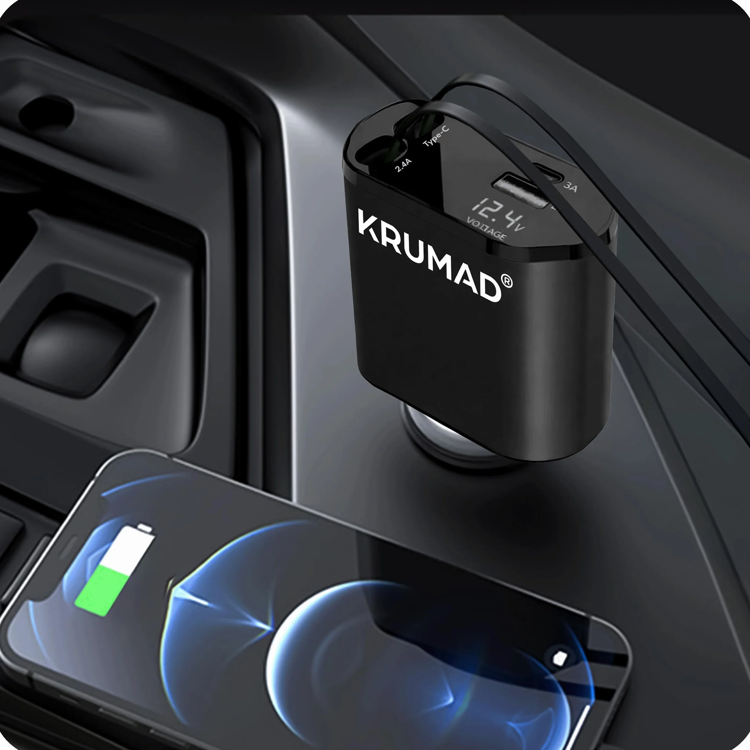 KRUMAD Ładowarka samochodowa 120W, Szybka ładowarka do auta 2x USB-C + 1x USB + 1x Lightning, adapter do gniazda zapalniczki z wyświetlaczem LED, kompatybilna z większością smartfonów