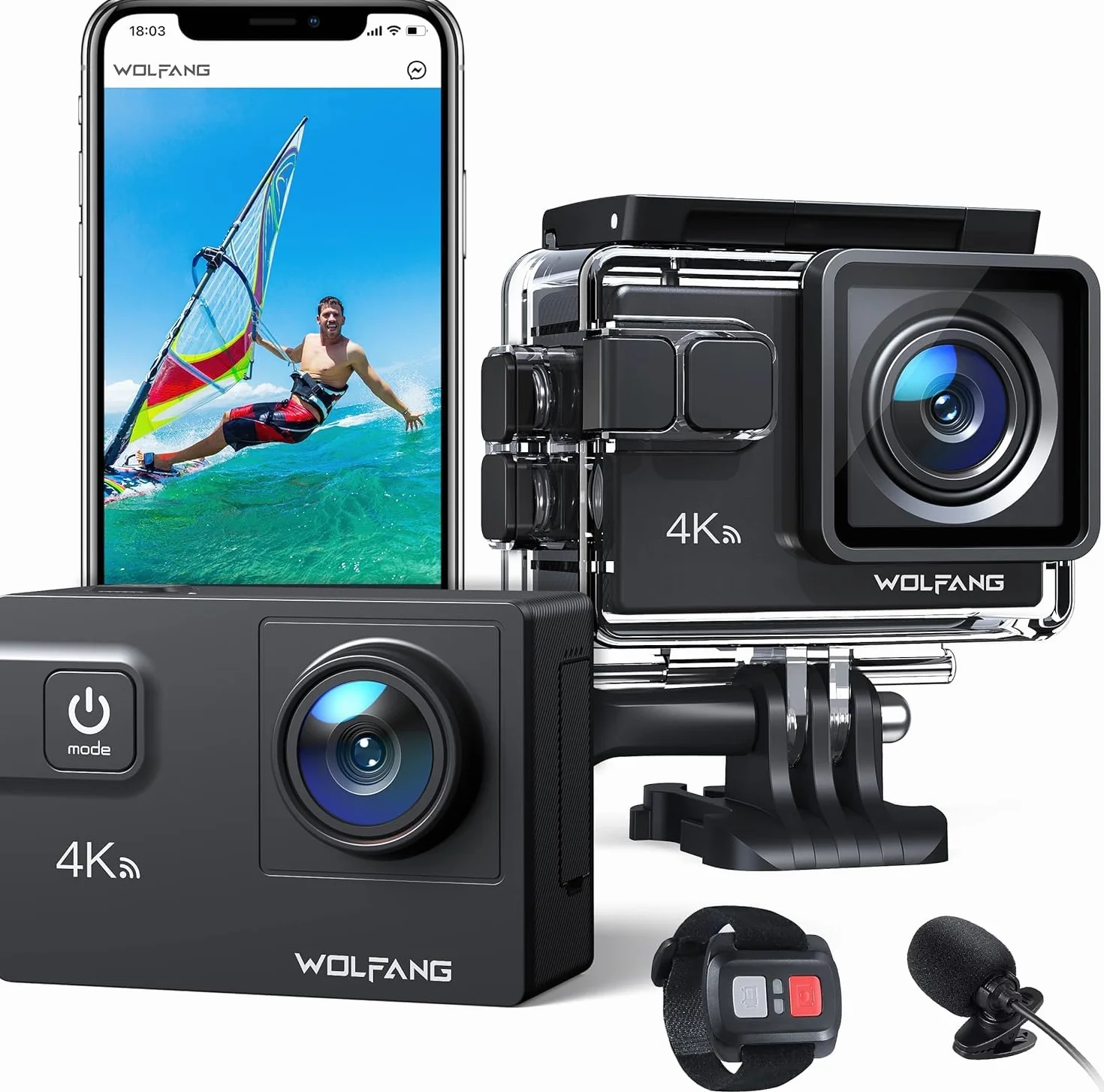Kamera akcji WOLFANG 4K 60FPS, kamera podwodna GA300 20MP WiFi, wodoodporna kamera na kask 40M z ekranem dotykowym Zoom 8X 6-AXIS EIS (mikrofon zewnętrzny, pilot baterie 2x1350mAh i zestaw akcesoriów)