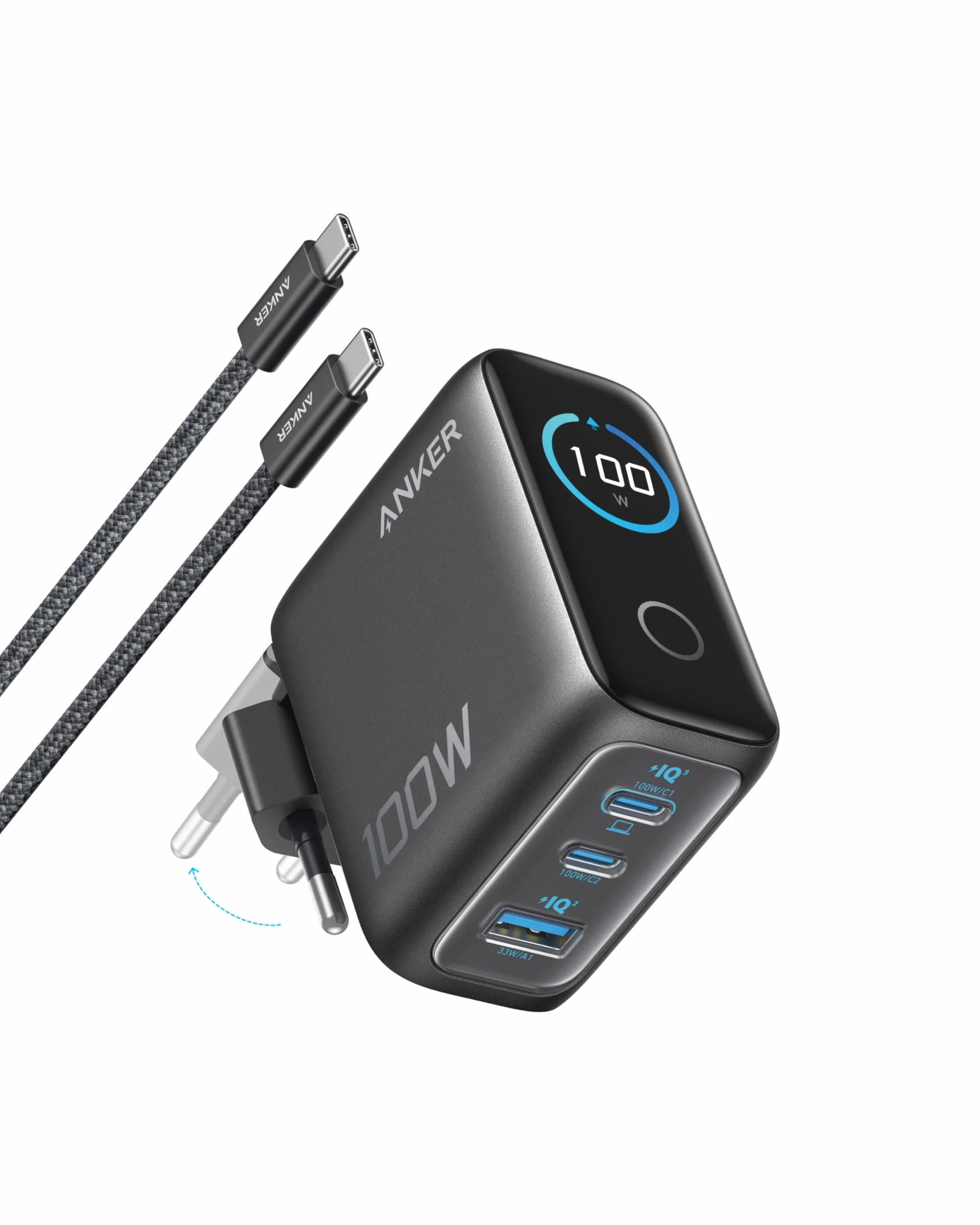 Ładowarka sieciowa Anker, maksymalna moc 100 W, 3 porty GaN i ultra kompaktowa ładowarka ścienna, inteligentny wyświetlacz i sterowanie dotykowe, do MacBooka, iPada (Dark Gray)