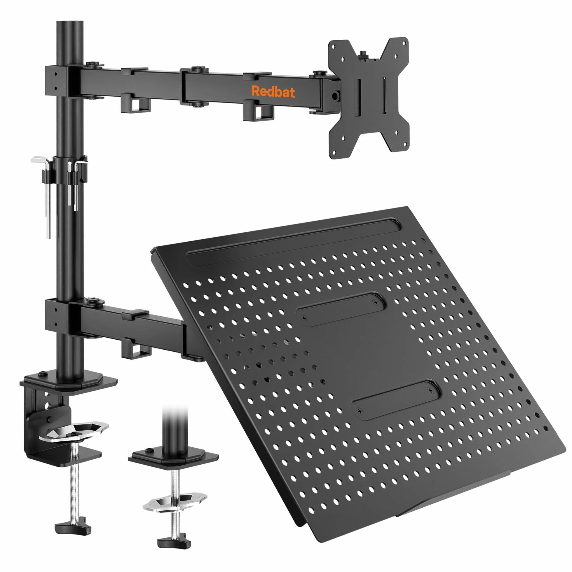 REDBAT Ramię Monitora z Tacą na Laptopa - Regulowane Stojak na 2 Ekrany 13-32" LCD/LED do 8kg, Taca na Laptopa do 16", Nachylenie ±45°, Obrót ±90°, Rotacja 360°, VESA 75x75-100x100mm, 2 Opcje Montażu