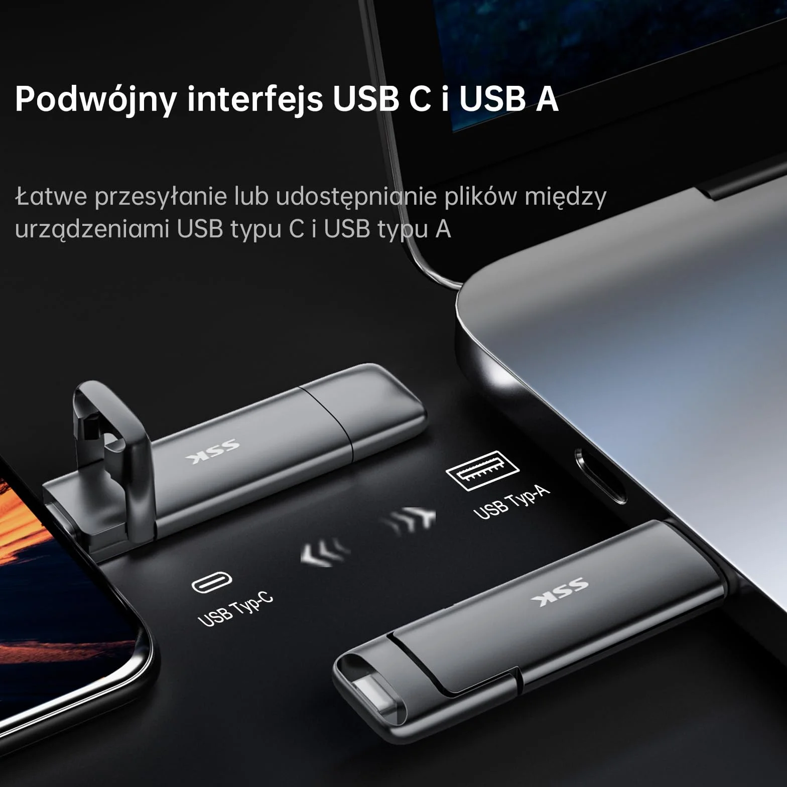 SSK 256 GB SSD Dual USB C Stick do 1000 MB/S, szybki zewnętrzny dysk twardy SSD typu c + USB A USB 3.2 Gen 2, pamięć USB do iPhone 15/PS4/Android