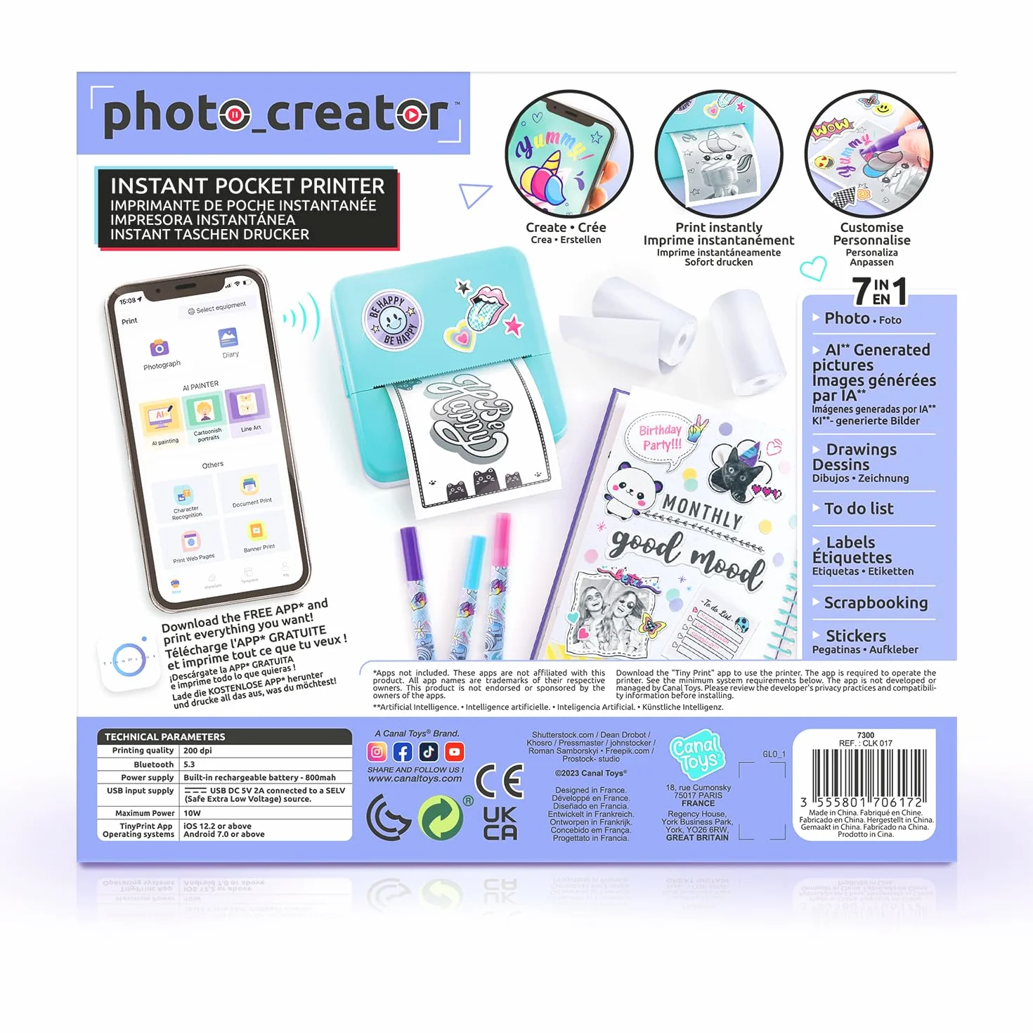 Canal Toys Natychmiastowa kieszonkowa drukarka fotograficzna Creator-termiczna i ekonomiczna drukarka-CLK 017, niebieska