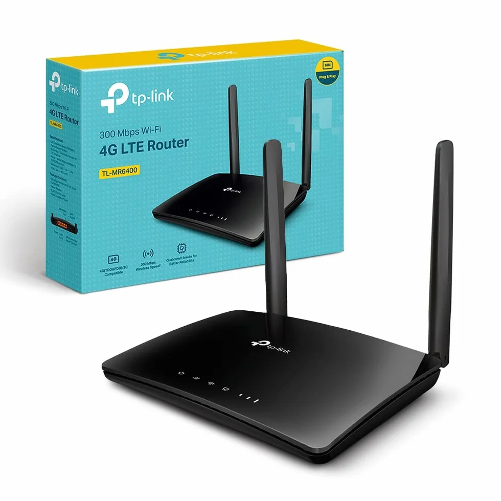 TP-Link TL-MR6400, Router 4G LTE z Gniazdem na Kartę SIM, Prędkość do 300 Mb/s (WiFi) i 150 Mb/s (LTE), Plug and Play, 2x Anteny Zewnętrzne, 4x Porty LAN/WAN, Kolor: Czarny