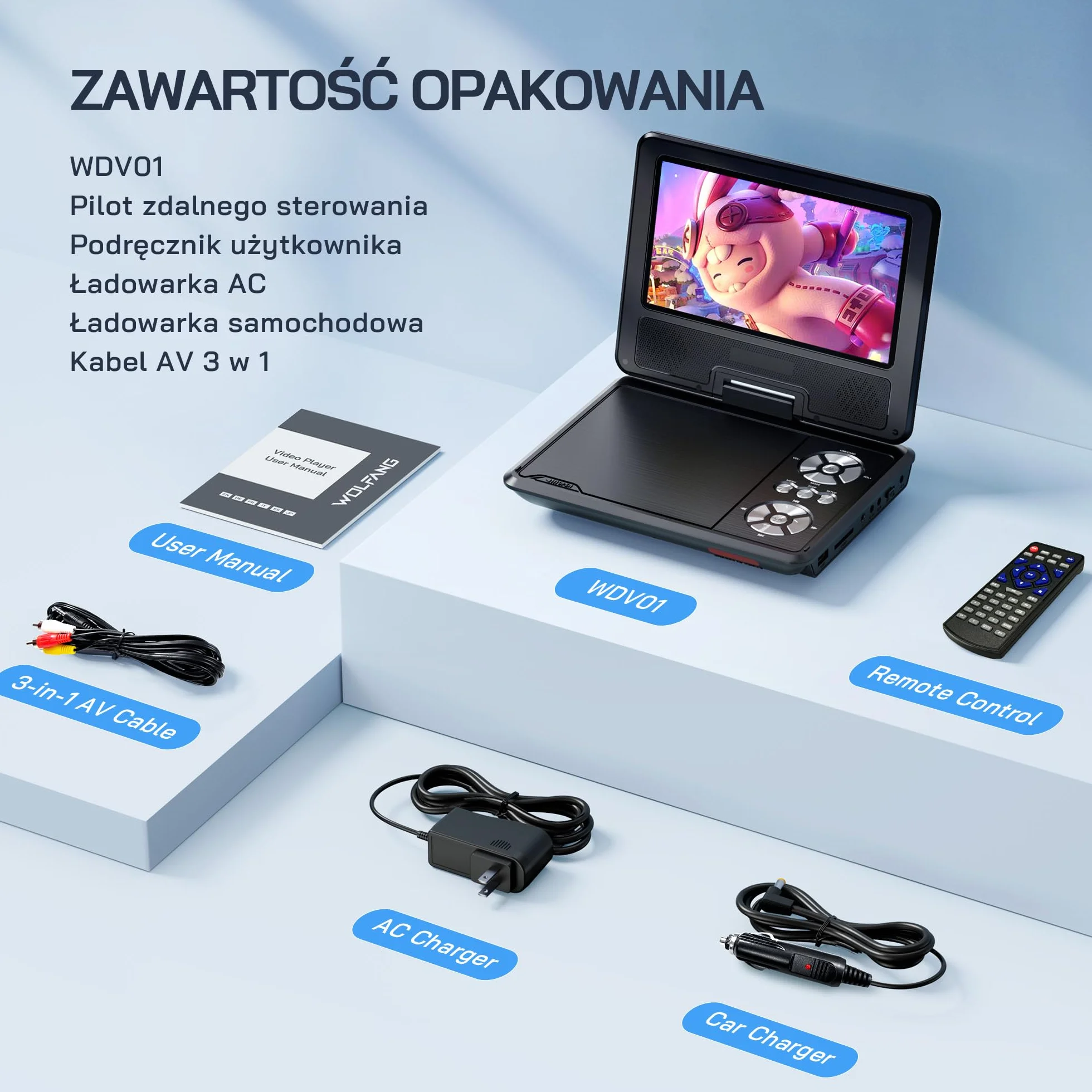 WOLFANG Przenośny Odtwarzacz DVD 9,5" Ekran Obrotowy HD 7,5" 4-6h Pracy Bez Blokady Regionalnej