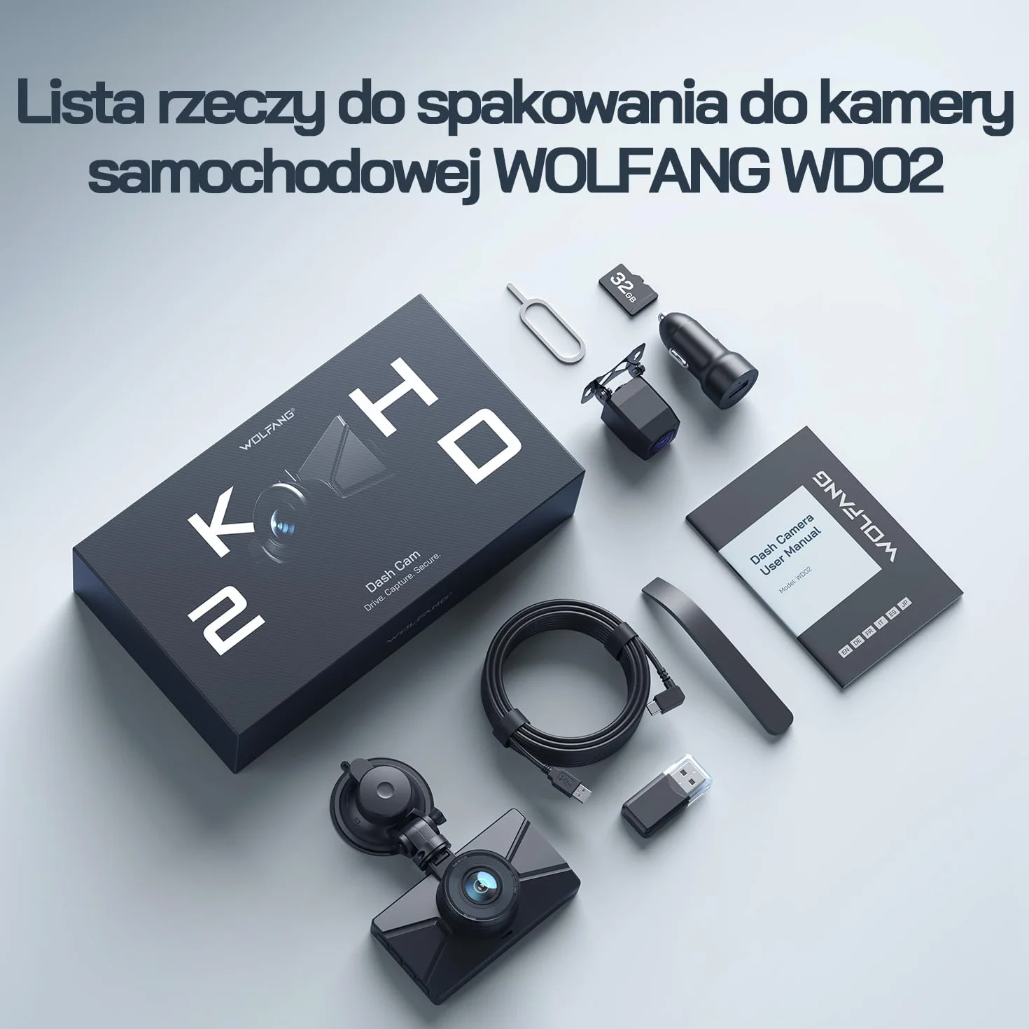 Kamera samochodowa WOLFANG przednia i tylna 2,5K, kamera samochodowa z wyświetlaczem LCD 3,0", super noktowizor, nagrywanie w pętli, czujnik G, szerokokątny HDR 170, osłona parkowania