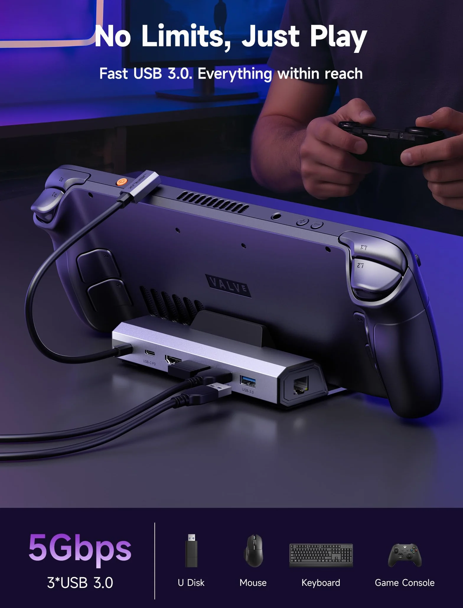 JSAUX Stacja dokująca 45W 6-w-1 do Steam Deck, HDMI 2.0 4K@60Hz, Gigabit Ethernet, USB 3.0