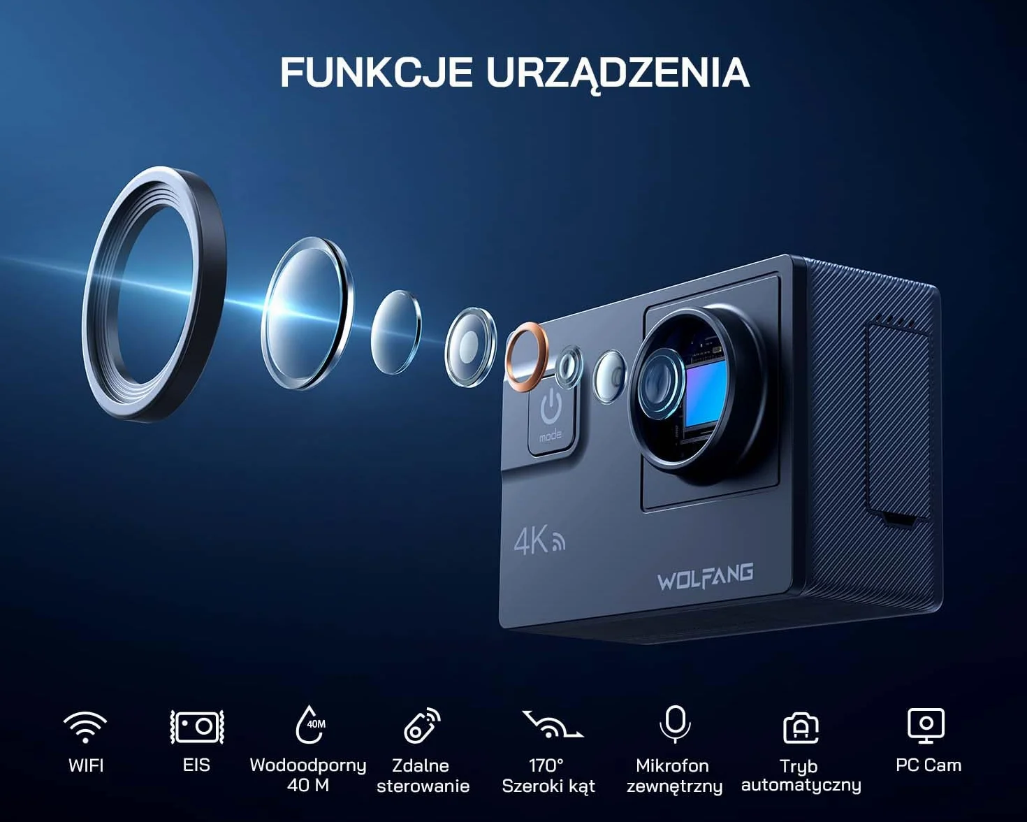 WOLFANG GA300 Kamera Sportowa 4K, Wodoodporna 40m z Kartą 32GB, WiFi 60FPS 24MP, Zoom 8x + Szeroki Kąt 170° EIS, Pilot 2.4G, Ekran Dotykowy, 2x Bateria 1350mAh