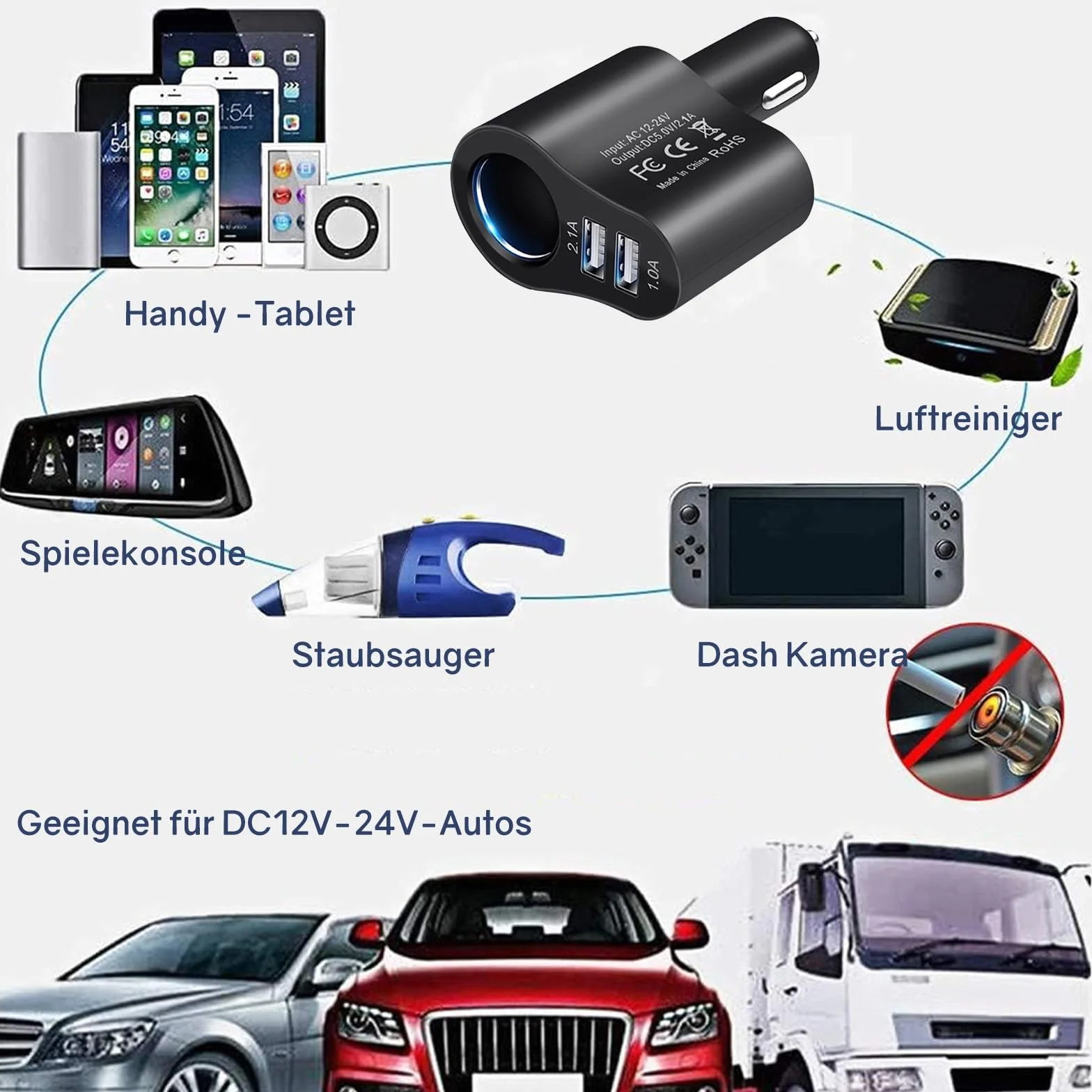 Powice Adapter do gniazda zapalniczki samochodowej 3 w 1, rozdzielacz USB, 12 V, ładowarka samochodowa, rozdzielacz zapalniczki samochodowej 12 V/24 V DC 120 W z podwójnym portem USB do 16 15 14 13 12