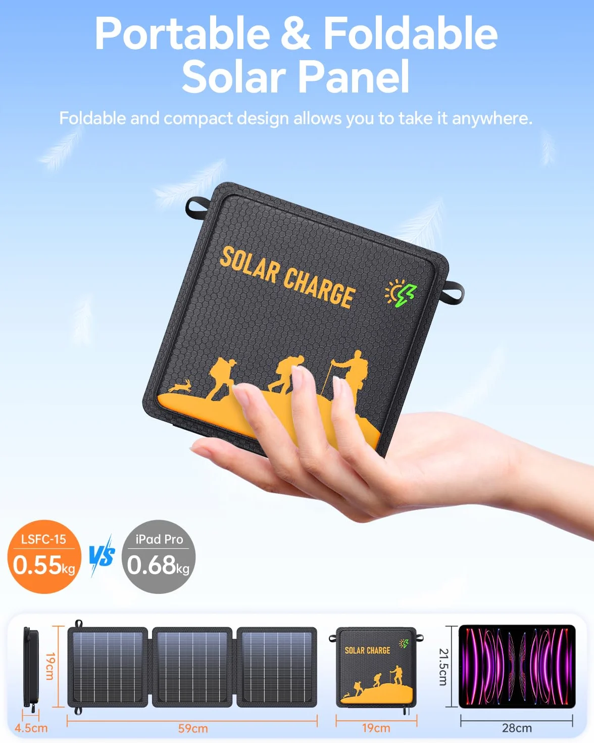 Panel Solarny 15W Przenośna Ładowarka Słoneczna USB-C USB IPX4 Wodoodporna