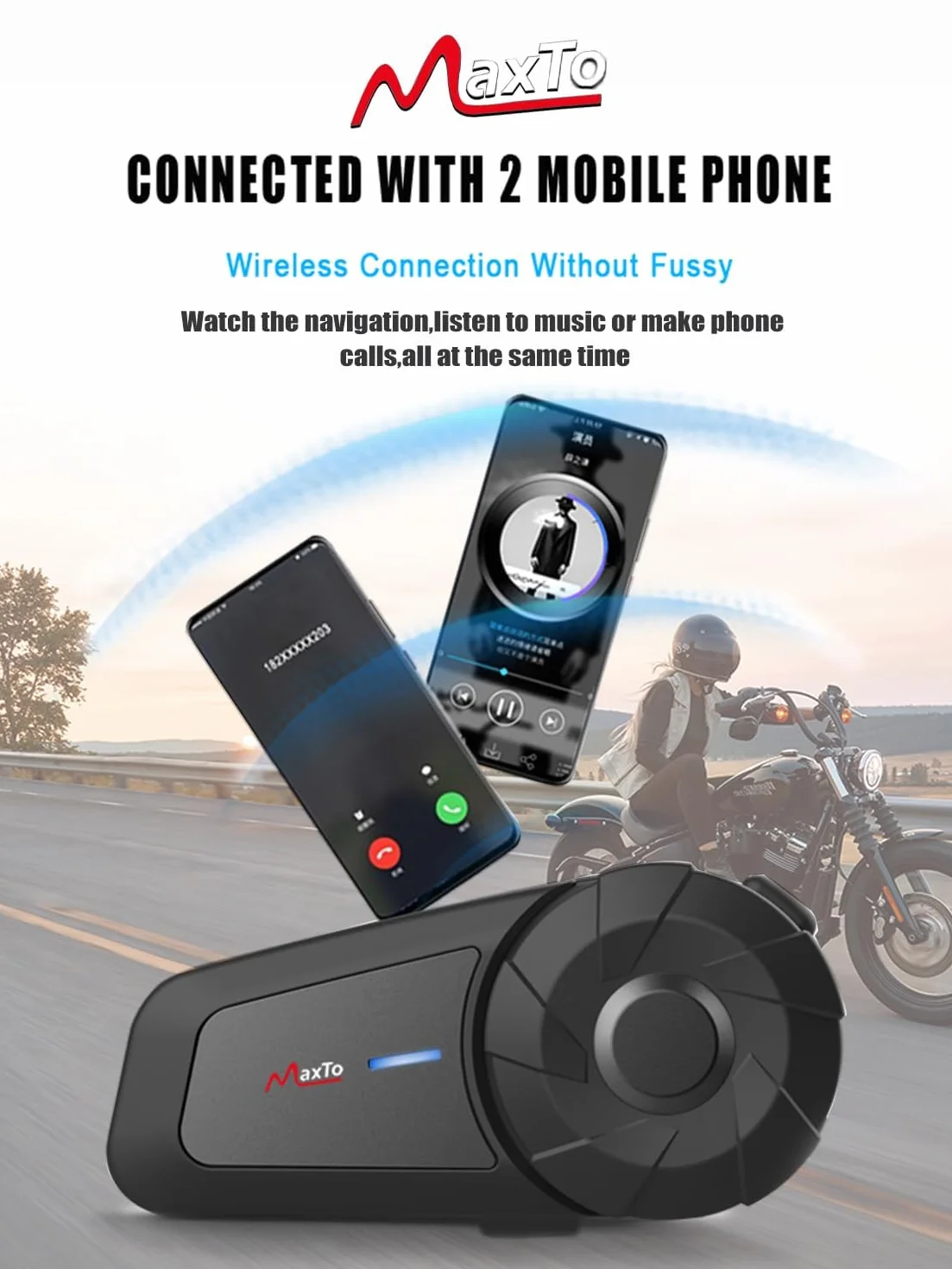 Maxto Motocyklowy zestaw słuchawkowy Bluetooth,MX1 2 Riders, uniwersalne systemy komunikacji interkomowej,dźwięk stereo HiFi, wodoodporność IPX6,sterowanie muzyką, kask motocyklowy głośnik