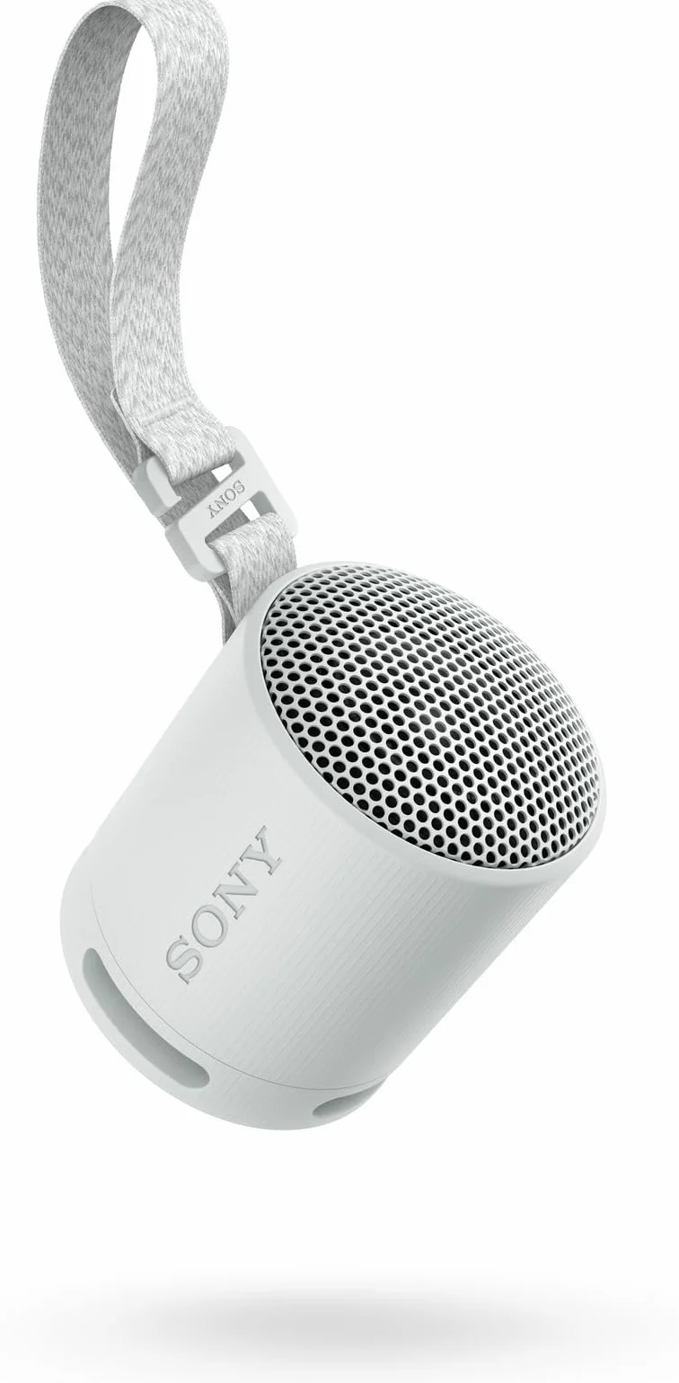 Sony SRS-XB100 - Bezprzewodowy głośnik Bluetooth, przenośny, lekki, podróżny, trwały, wodoodporny i pyłoszczelny IP67, akumulator 16 godz., uniwersalny pasek, zestaw głośnomówiący, jasnoszary