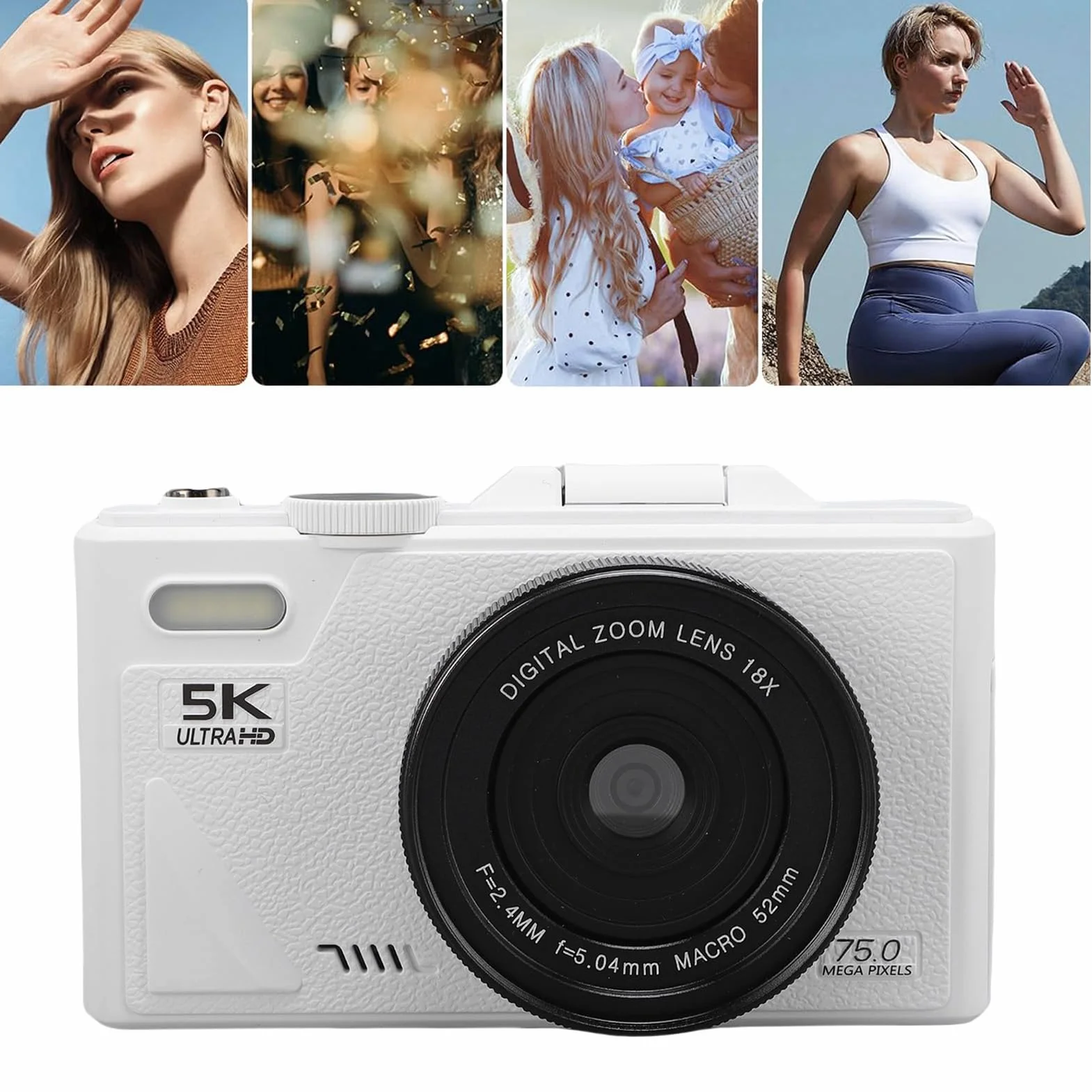 Kamera Cyfrowa 5K do Fotografii, 75MP Wi -Fi Autofocus Vlogging Cameras do YouTube z Ekranem Flip 3 -Cal, 18x Cyfrowy Zoom i Anti Shake, Aparat Wideo Obsługuje kartę 128G