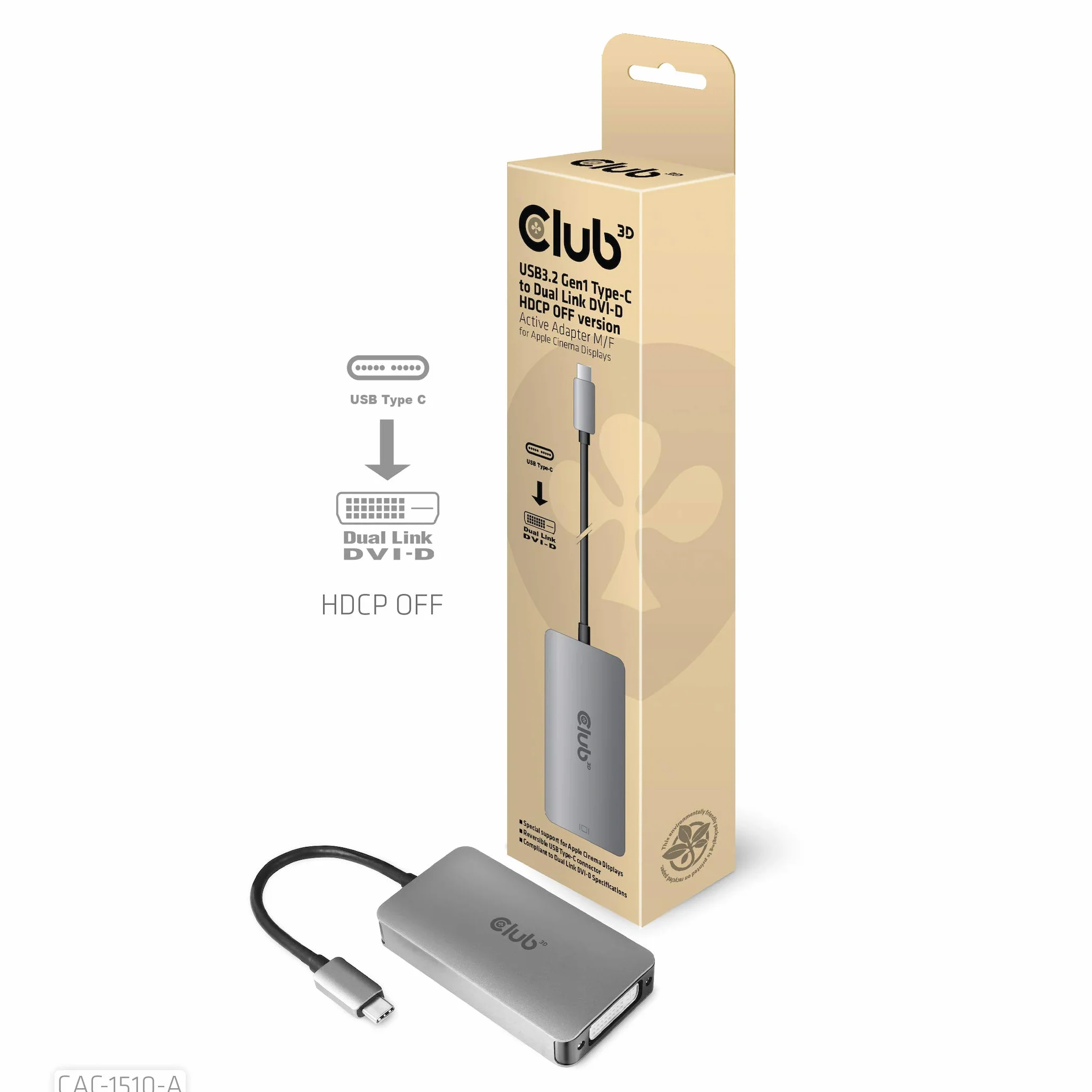 Club 3D 3D Gen1 Type-C na Dual Link DVI-D HDCP Off Version Aktywny adapter S/B do wyświetlaczy Apple Cinema Displays, CAC-1510-A
