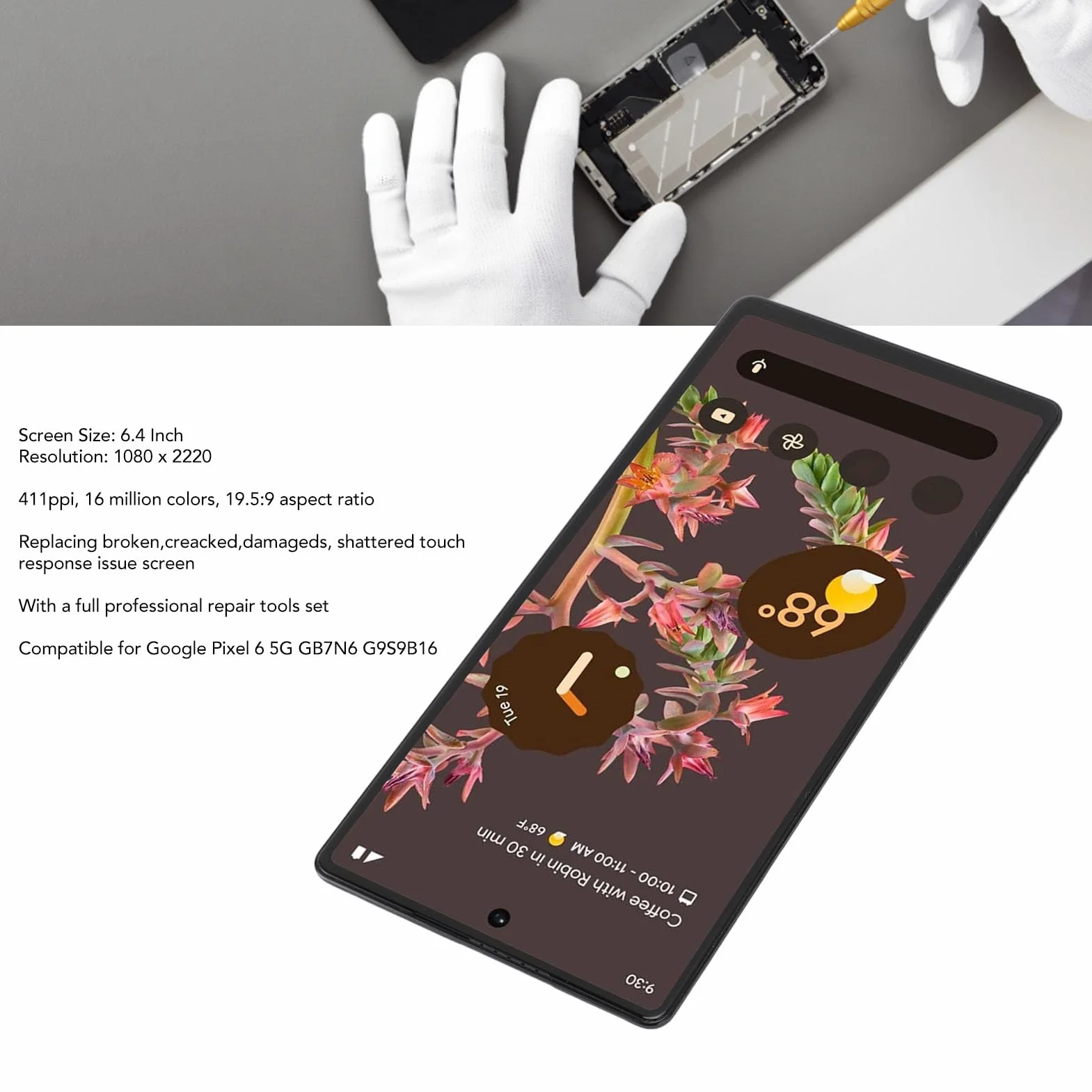 Wymiana Ekranu AMOLED dla Google Pixel 6 5G GB7N6 G9S9B16, 6,4-calowy zespół Digitizera z Ekranem Dotykowym z Narzędziem, Zestawy Naprawcze do Ekranu Dotykowego Wyświetlacza, z