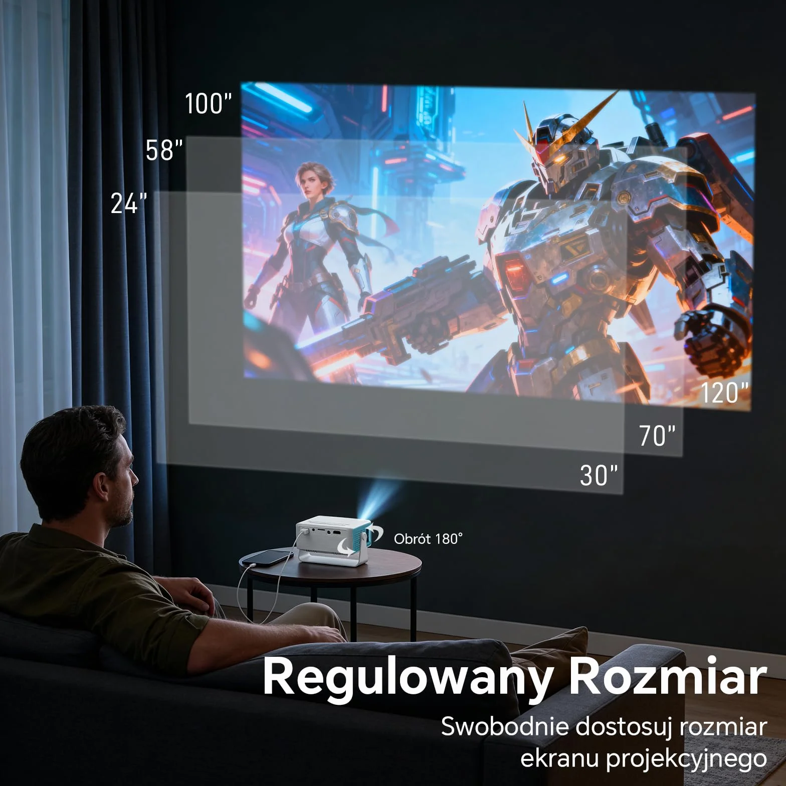 WOLFANG Mini Projektor, Przenośny Projektor z Obsługą Wejścia 1080P, Natywna Rozdzielczość 720P, Automatyczna Korekcja Keystone, Zoom 50% i Obrót 180°, Kompatybilny z iOS/Android/Laptopem/TV Stick