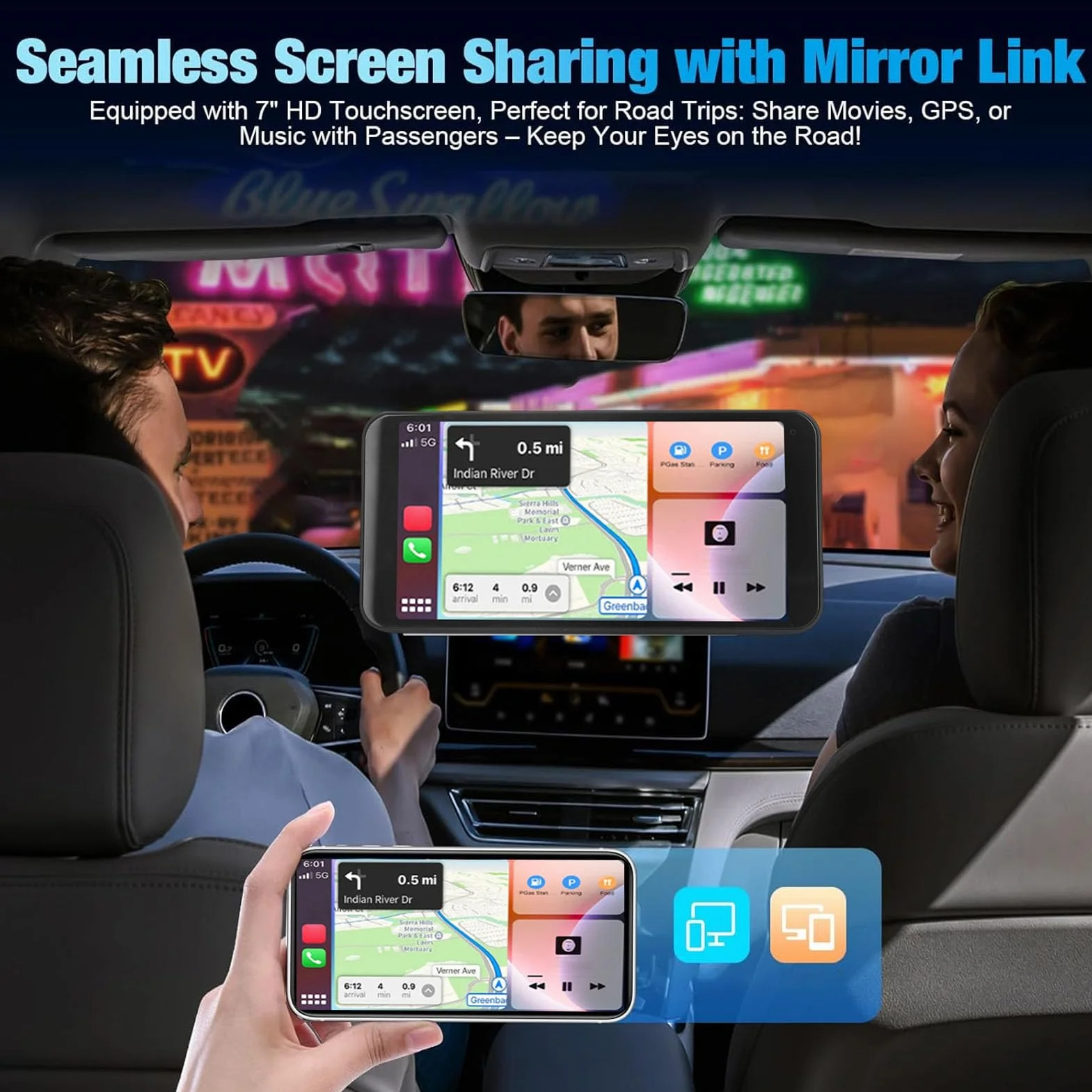 6,5" Bezprzewodowy Ekran Carplay do Samochodu, Ekran Dotykowy 1280x720 Przenośny Samochodowy Zestaw Stereo obsługą Carplay, Bluetooth, nawigacją GPS, Sterowaniem Głosowym