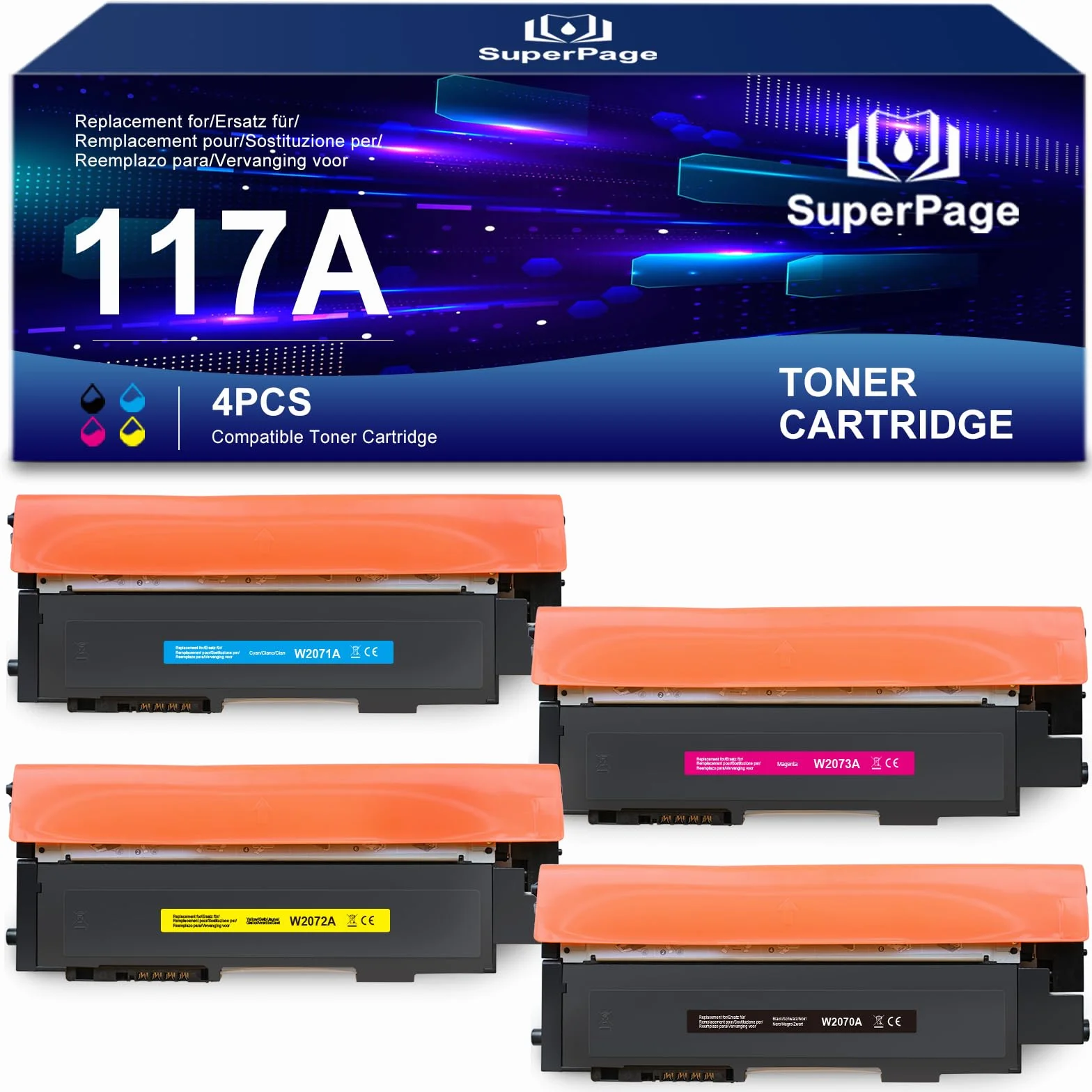 Superpage Zamiena dla HP 117A Zestaw tonera Kompatybilny z tonerem HP Color Laser MFP 179fwg 178nwg 179fnw 178nw 150nw 150a W2070A W2071A W2072A W2073A (4-pak, Czarny Cyjan Magenta Żółty)