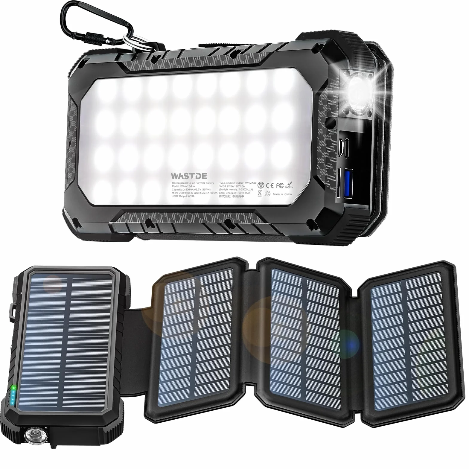 Power Bank Solar 26800mAh z 4 panelami słonecznymi, ładowarka słoneczna USB-C 18 W, szybkie ładowanie z oświetleniem kempingowym i latarką (SOS) do telefonu, zewnętrzna bateria zewnętrzna