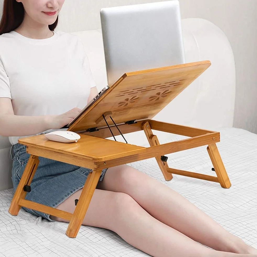 Cocoarm Bambusowy stolik na laptopa, regulowany stojak na laptopa do łóżka, przenośna tacka śniadaniowa do łóżka, wielofunkcyjny stół z przechylanym blatem i szufladą do przechowywania