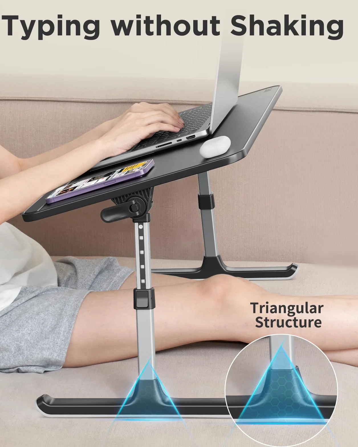 Saiji stół do łóżka, grube, stabilne nóżki, regulacja wysokości i kąta, wystarczająco miejsce na mysz, laptop do 17