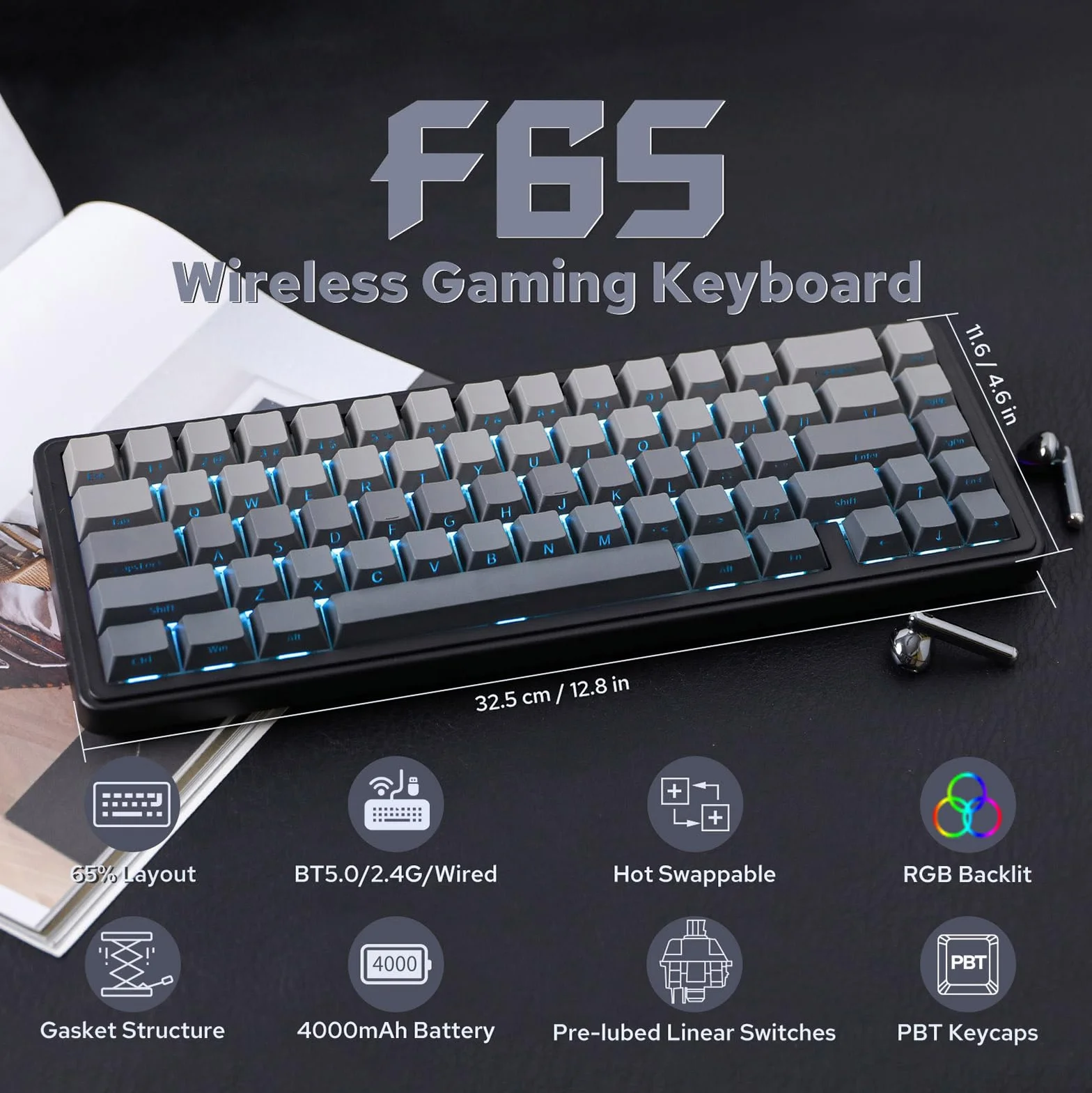 EPOMAKER x AULA F65 65% klawiatura mechaniczna Tri-Mode RGB Hot Swap 4000 mAh czarny Reaper Switch
