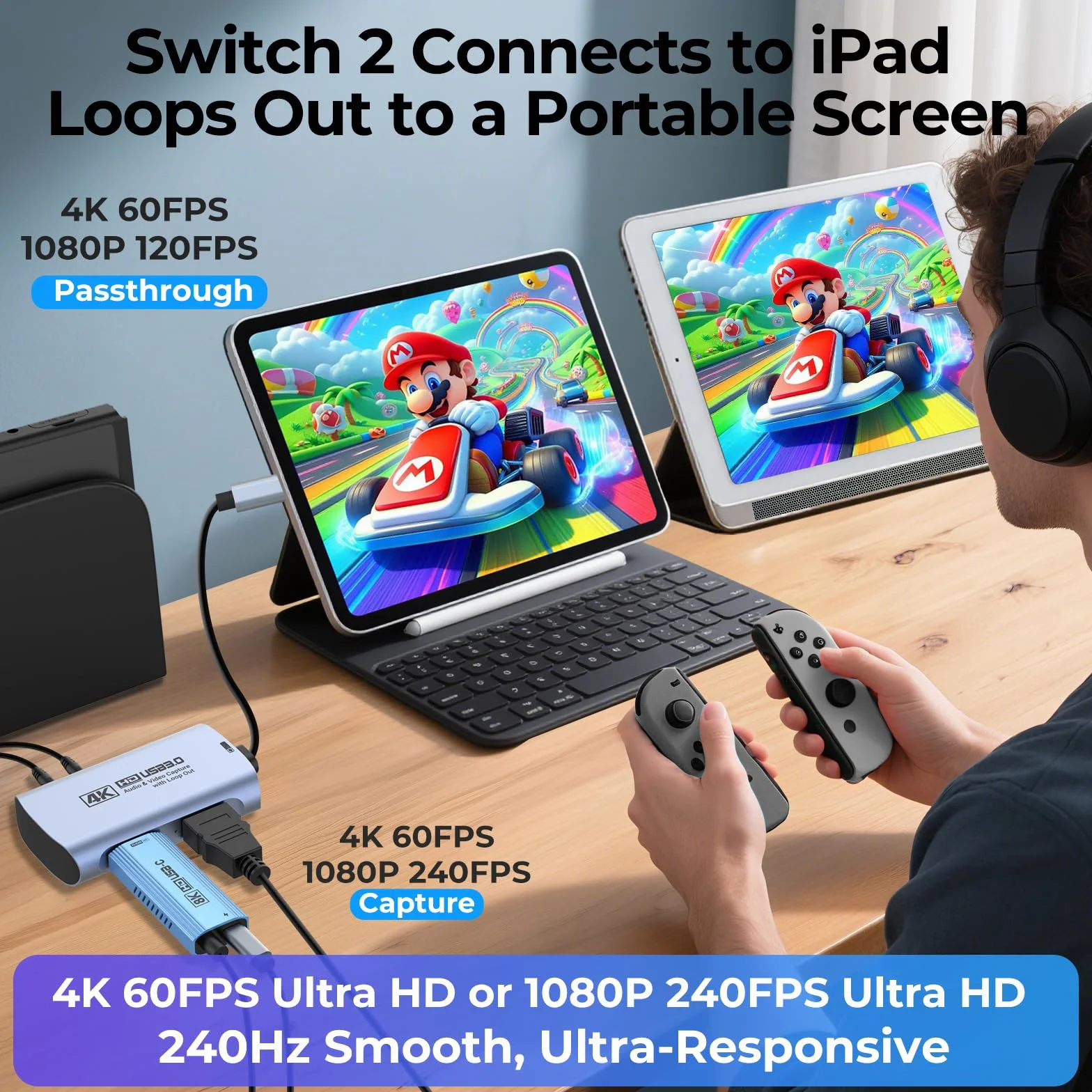 Guermok Karta 4K 60 FPS i 1080P 240 FPS HDMI do strumieniowego przesyłania, USB 3.0 do USB-C/A, 4K60 Passthrough, wejście audio 3,5 mm i wyjście mikrofonu, kompatybilna z Switch 2/1, PS, Quest 3, PC