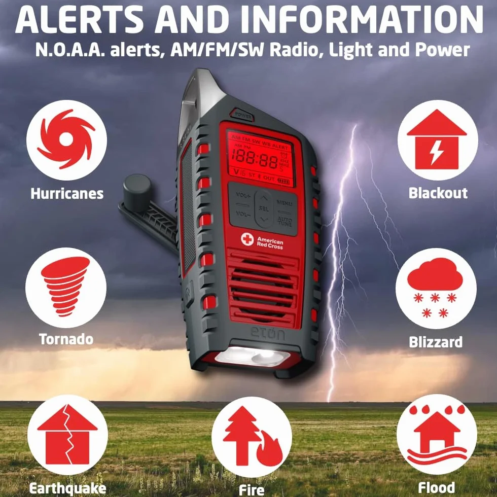 Eton American Red Cross Adventure Series Odyssey - wielopasmowe radio (AM/FM/NOAA/krótkofalowe) z Bluetooth, zasilane energią słoneczną, zasilaniem bateryjnym, latarką LED, ładowarką do telefonu