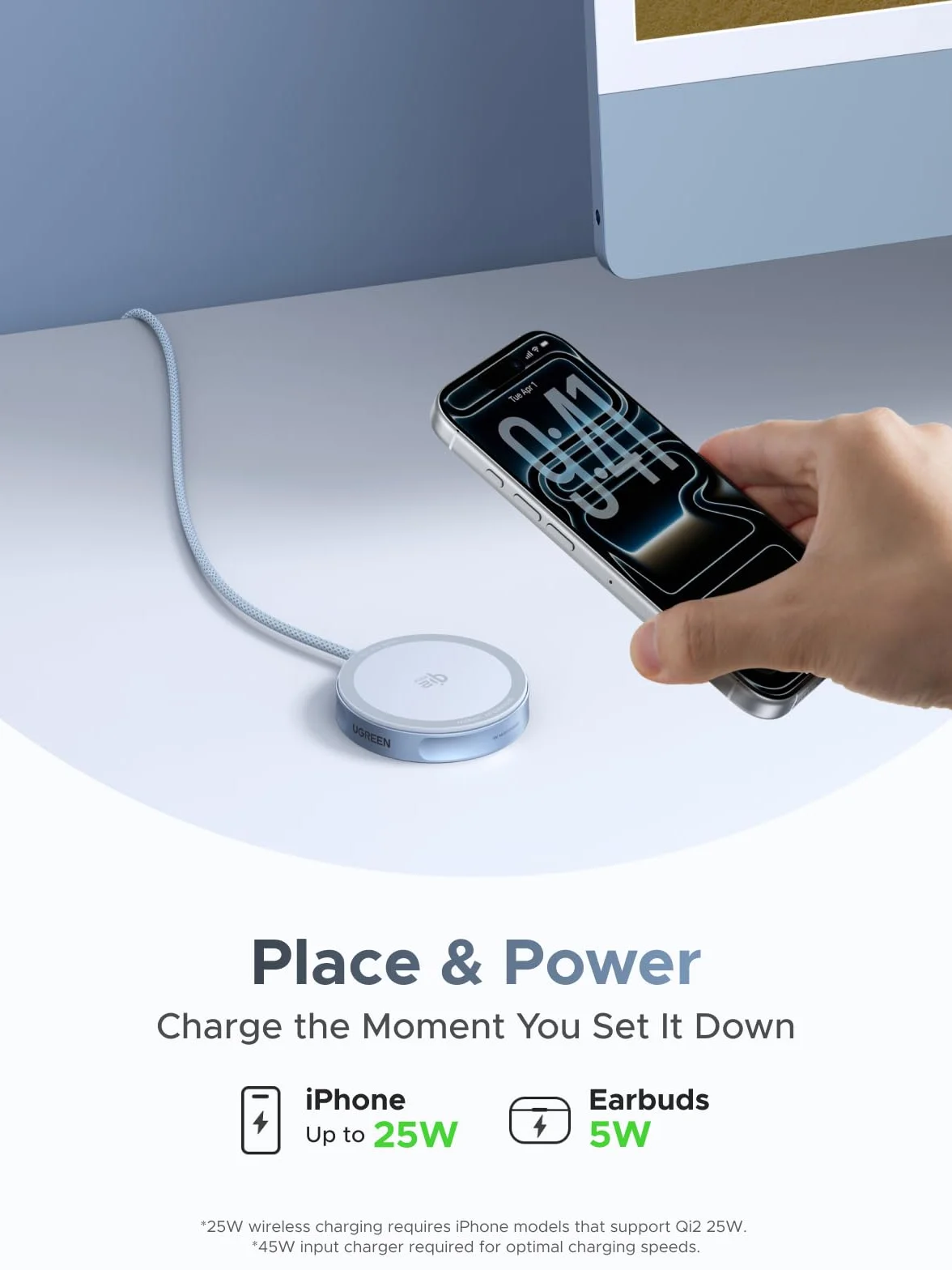 UGREEN MagFlow Ładowarka Bezprzewodowa 25W Qi2 MagSafe iPhone 17/16 AirPods Kabel 1,5m