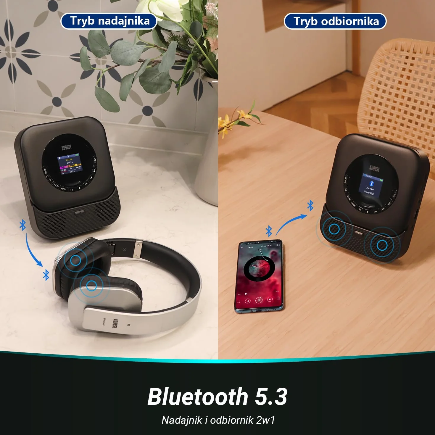 August SE15 Przenośny odtwarzacz CD z Bluetooth 5.3,portem USB,AUX 3.5 mm-odtwarzacz CD wbudowaną baterią,korektorem dźwięku,ochroną przed wstrząsam-w zestawie uchwyt ścienny,słuchawki i pilot