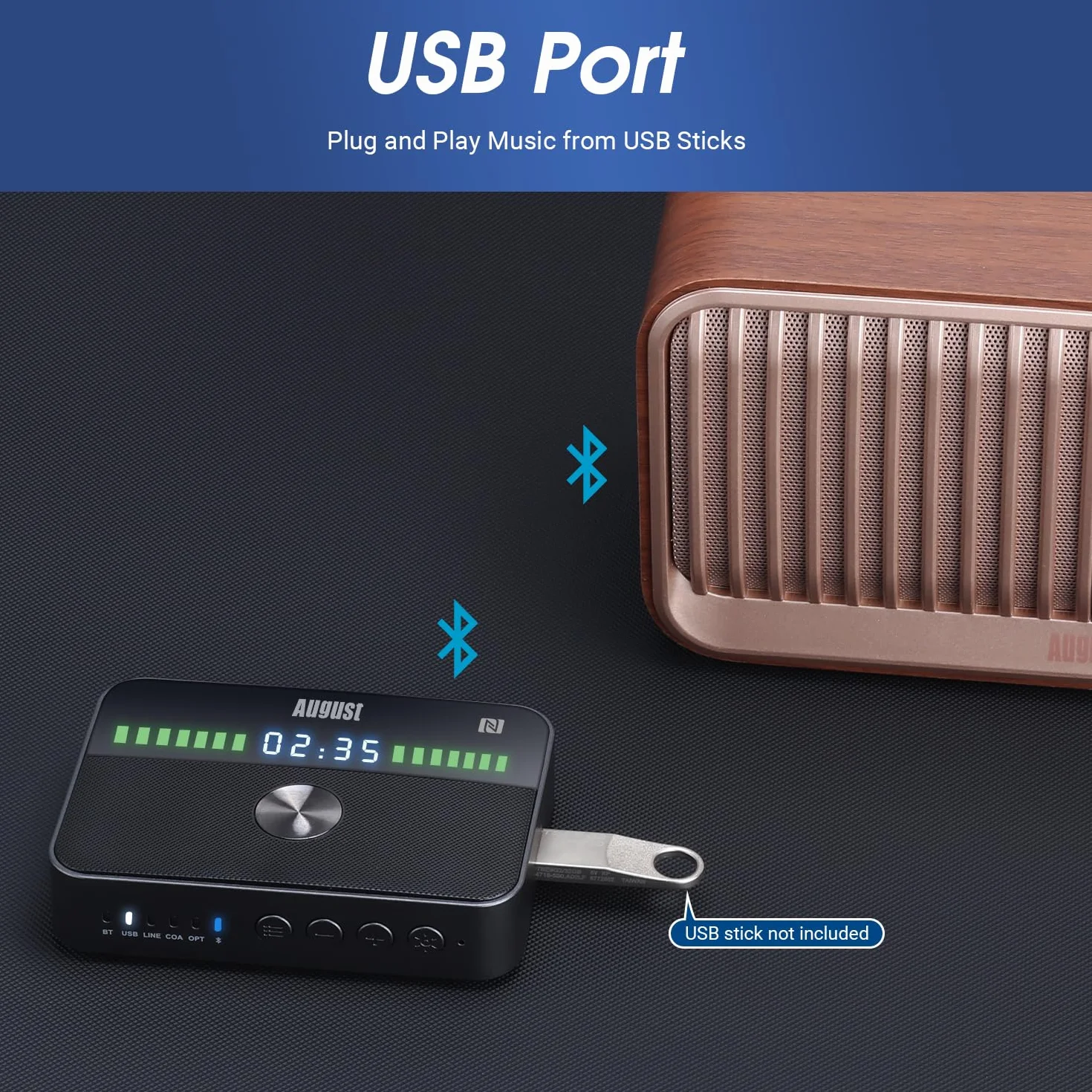 August MR285 Nadajnik i odbiornik Bluetooth ze złączami AUX, RCA, optycznym, koaksjalnym i USB - adapter audio Bluetooth NFC do telewizora, samochodu, słuchawek –wbudowana bateria, podwójne połączenie