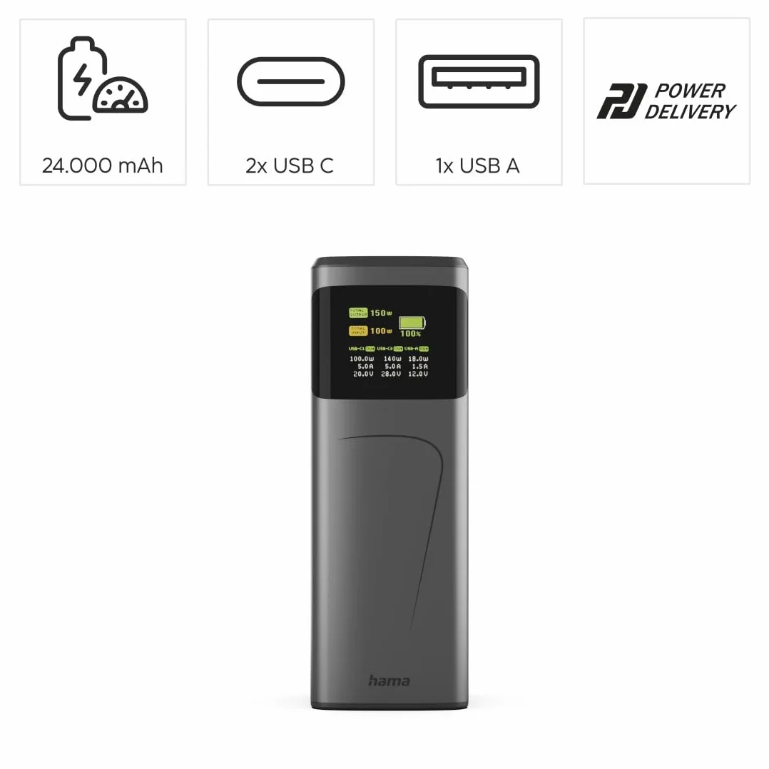 Hama Power Pack 24000mAh 150W Power Bank Szybkie Ładowanie Power Delivery Quickcharge 2xUSB-C 1xUSB-A Kompaktowy Podróżny